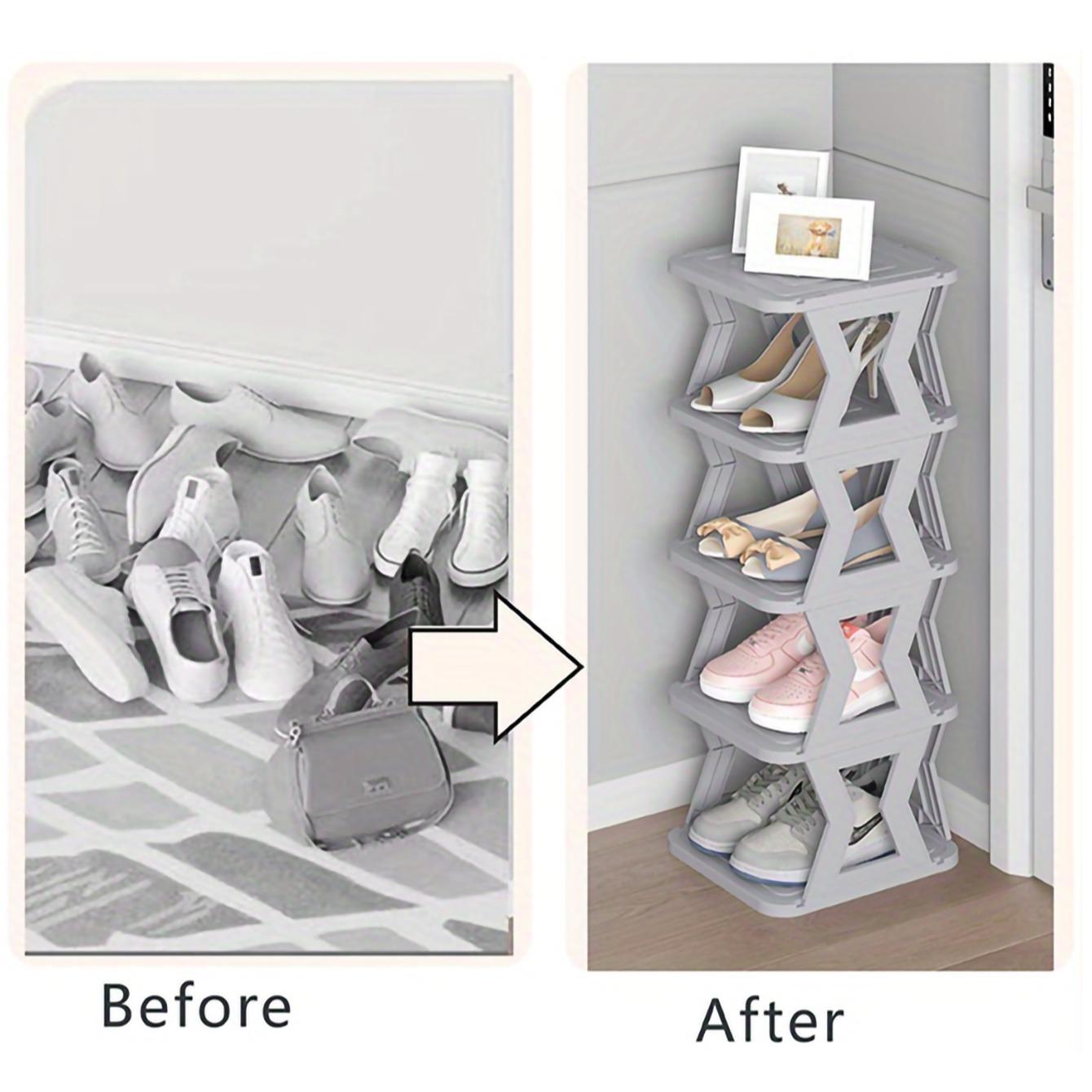 Multi layer foldable single row vertical shoe rack, Stackable shoe organizer, compact design, stable structure, space saving, can be assembled, suitable for shoe sorting and storage solutions in entrances, wardrobes, garages, Shoe Organizer