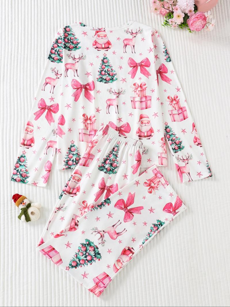 Women's Christmas Santa Gift Pajama Set, Round Neck Long Sleeve & Loose Comfortable Pants, Casual Fitted Sleepwear Loungewear for All Seasons