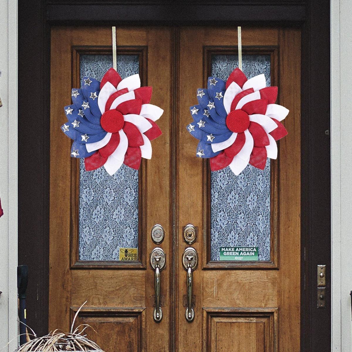 Full 3D Burlap Petal Wreath Door Hanger, Patriotic Red White Blue Independence Day Decorative Wreath for Front Door Porch Wall Window, July 4th Celebration Decor