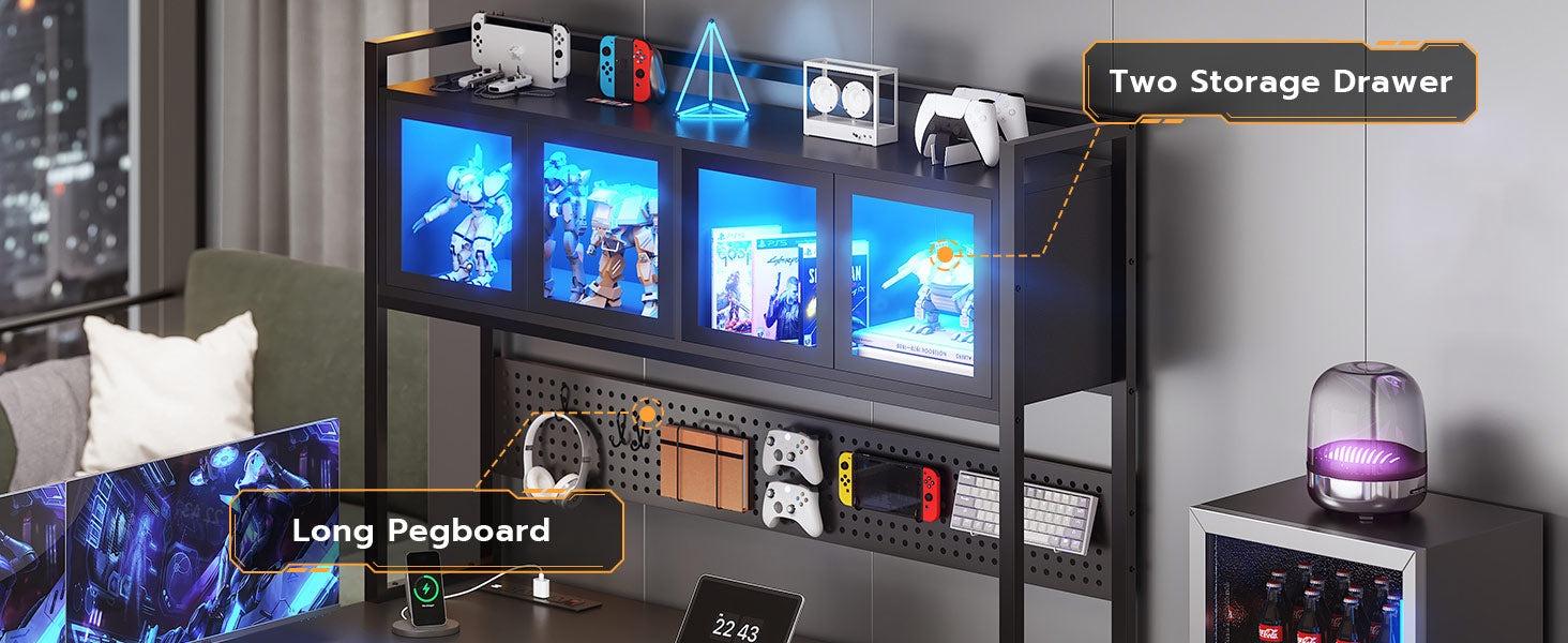 Sikaic 62 Inches LED Reversible L Shaped Gaming Desk With Power Outlet Storage Drawers Hutch and Pegboard Furniture Ergonomic Modern Dual Monitor Stand