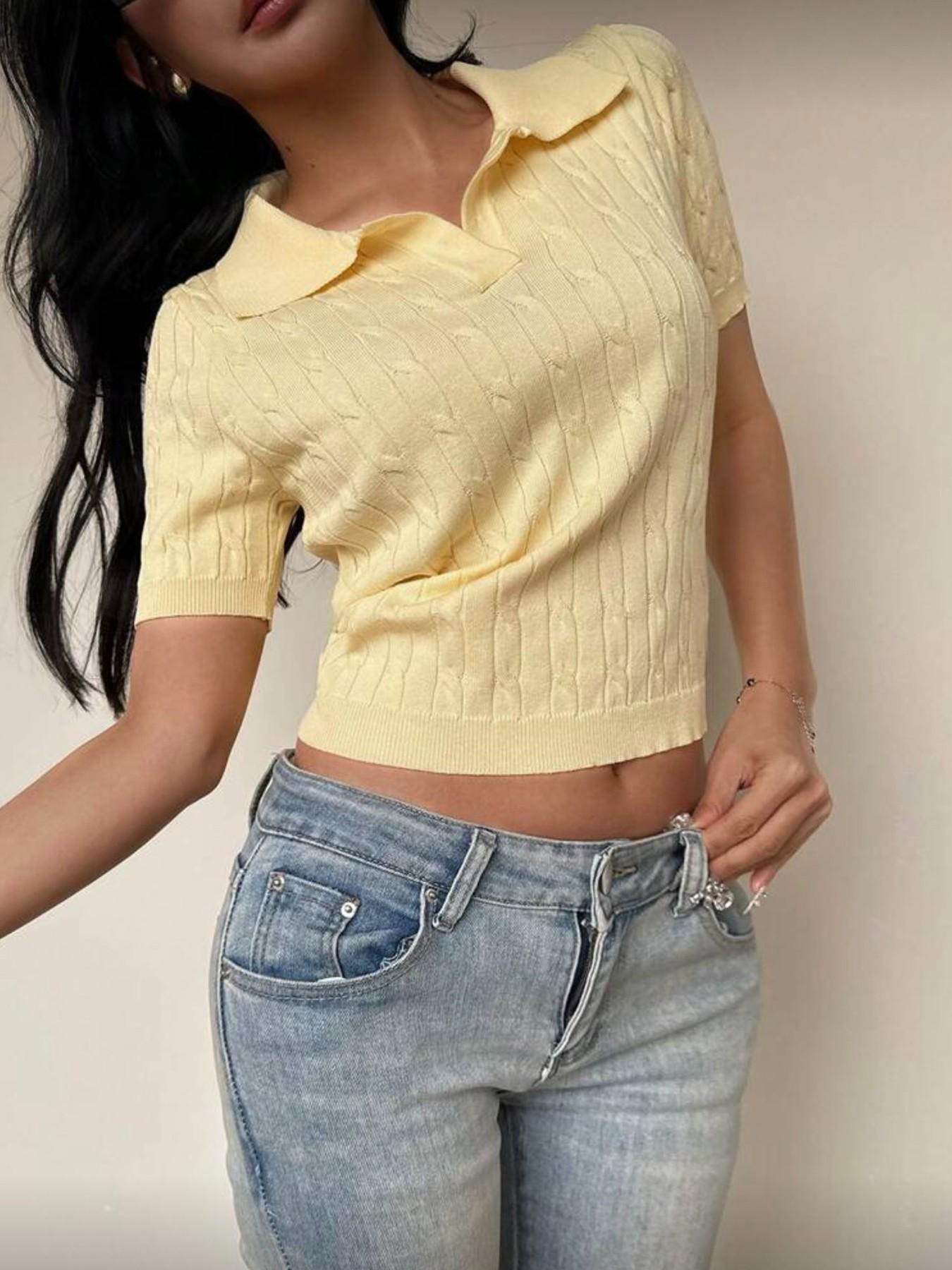 Women's Summer Polo Neck Short Sleeve Knit Sweater, Fashionable Elegant Slim Fit Breathable Casual Top, Pure Color Versatile Pullover Womenswear