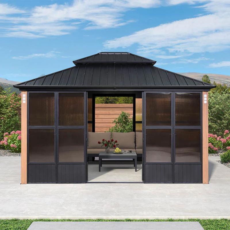 PURPLE LEAF 12' x 16' Hardtop Gazebo For Patio | Screen House Wood Grain Aluminum Solarium Canopy
