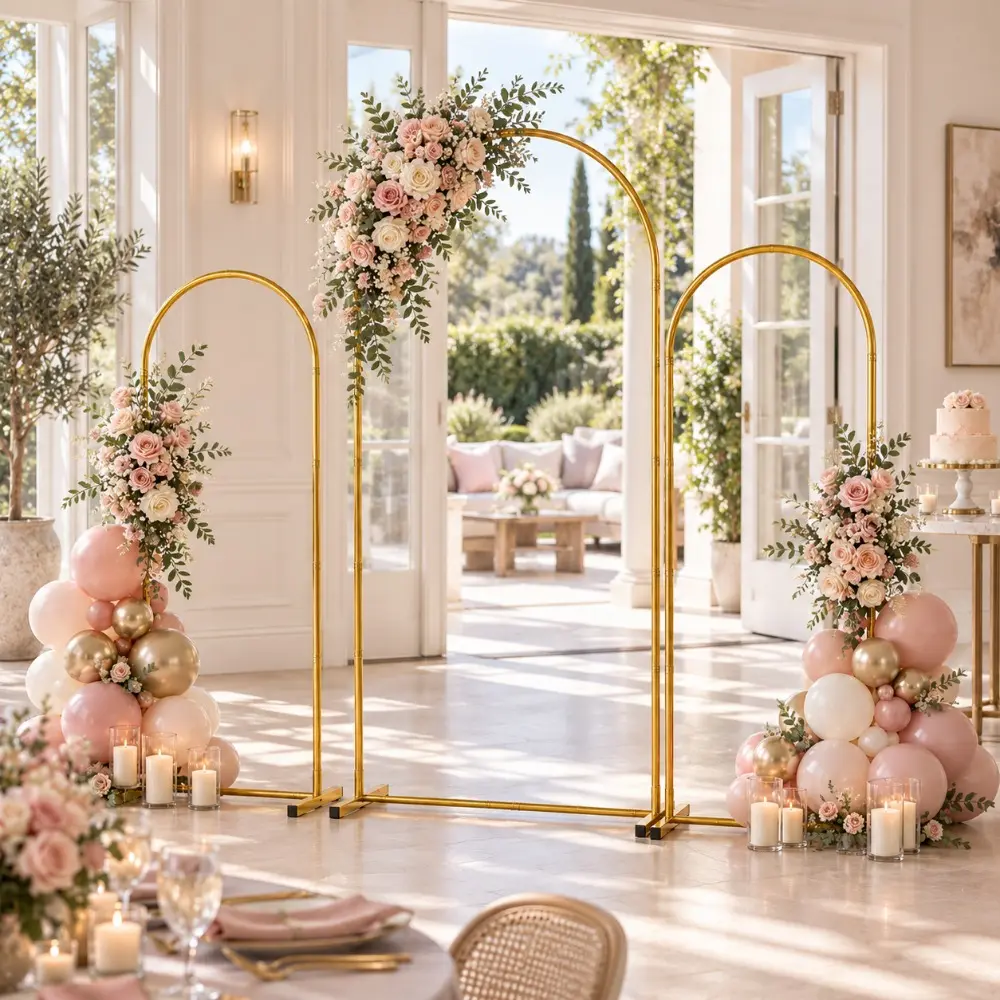 Party Decoration Arch Stand,Gold Metal Wedding Backdrop Frame 3 Pack With 7.2FT 6.6FT 6FT Sizes,Create Stunning Balloon Wall,Flower Backdrop And Photo Area For Wedding Reception,Birthday Events,Engagement Party,Holiday Gathering And Home Celebrations