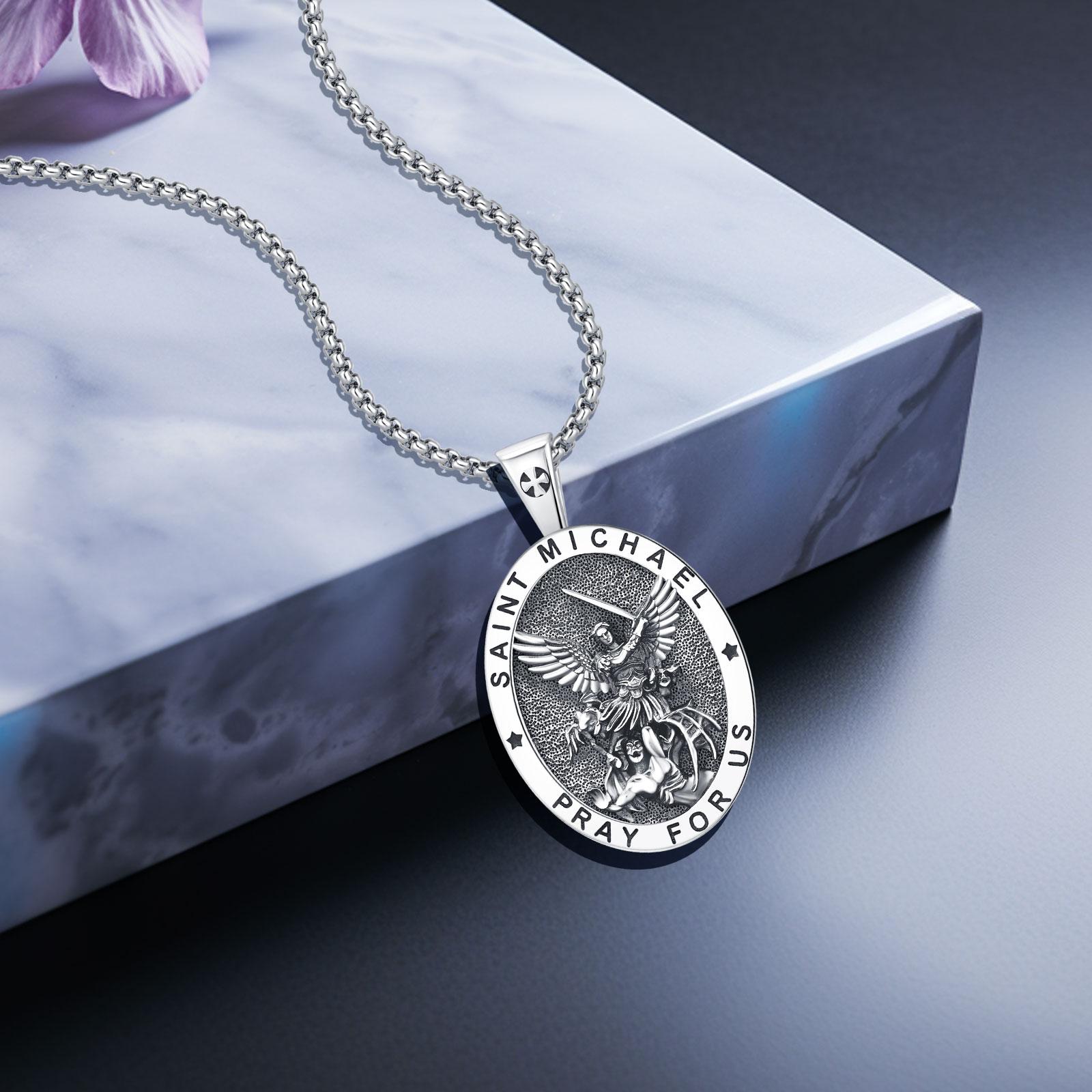 DRINSPER Saint Michael Necklace 925 Sterling Silver Patron Amulet Medal Jewelry for Men