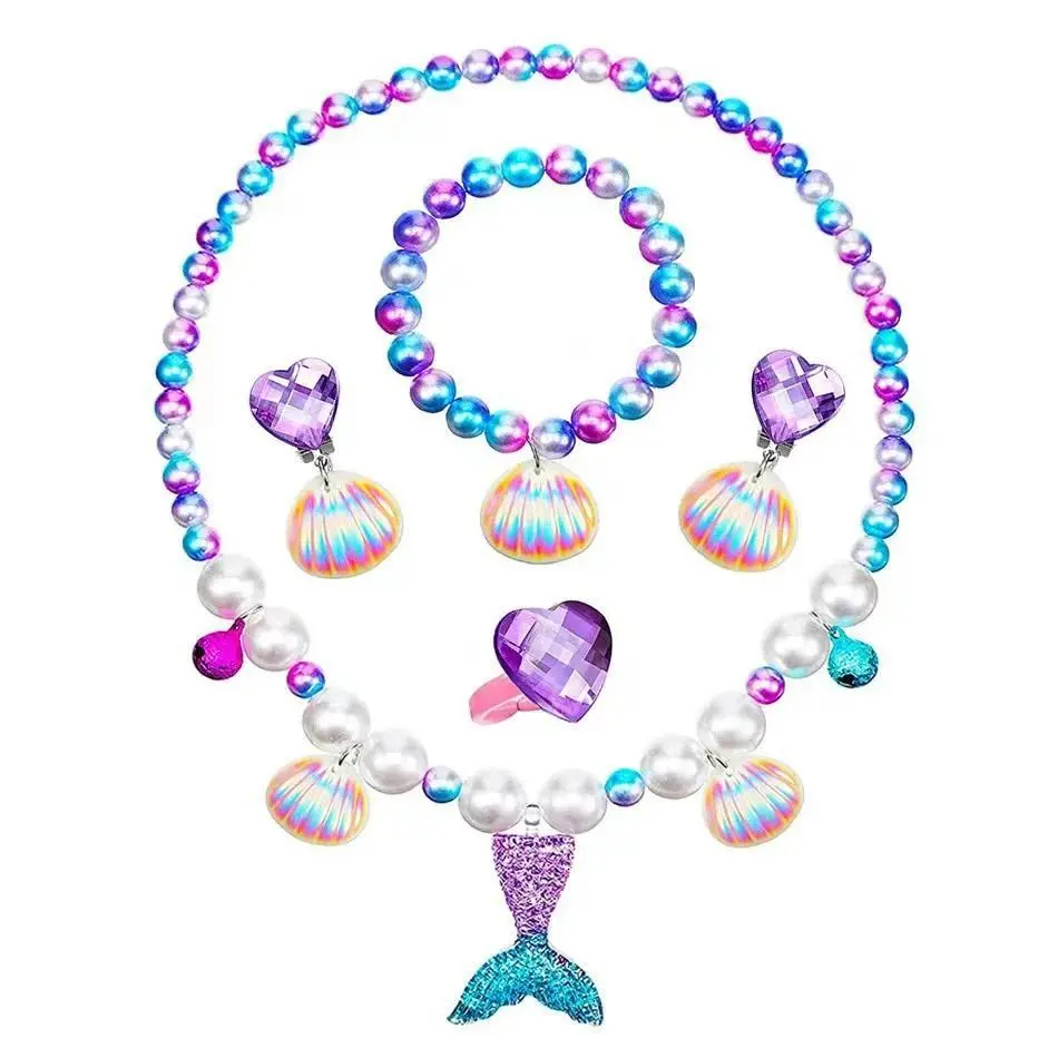 Mermaid Necklace Set for Girls - Sparkling Fish Tail Shell Bracelet & Earrings - Princess Jewelry Gift for Kids