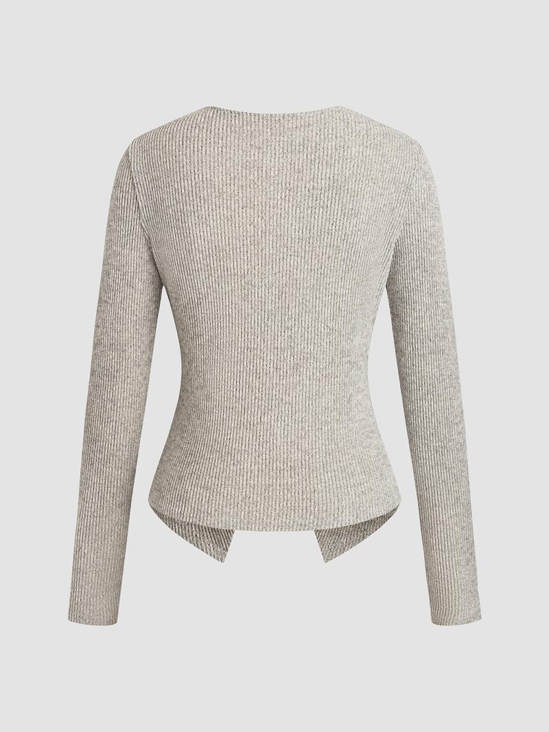 Women's Elegant Ribbed Knit Button-Front Long Sleeve Top, Casual Elegant Fitted Design in Medium-Weight Fabric for All-Season Wear