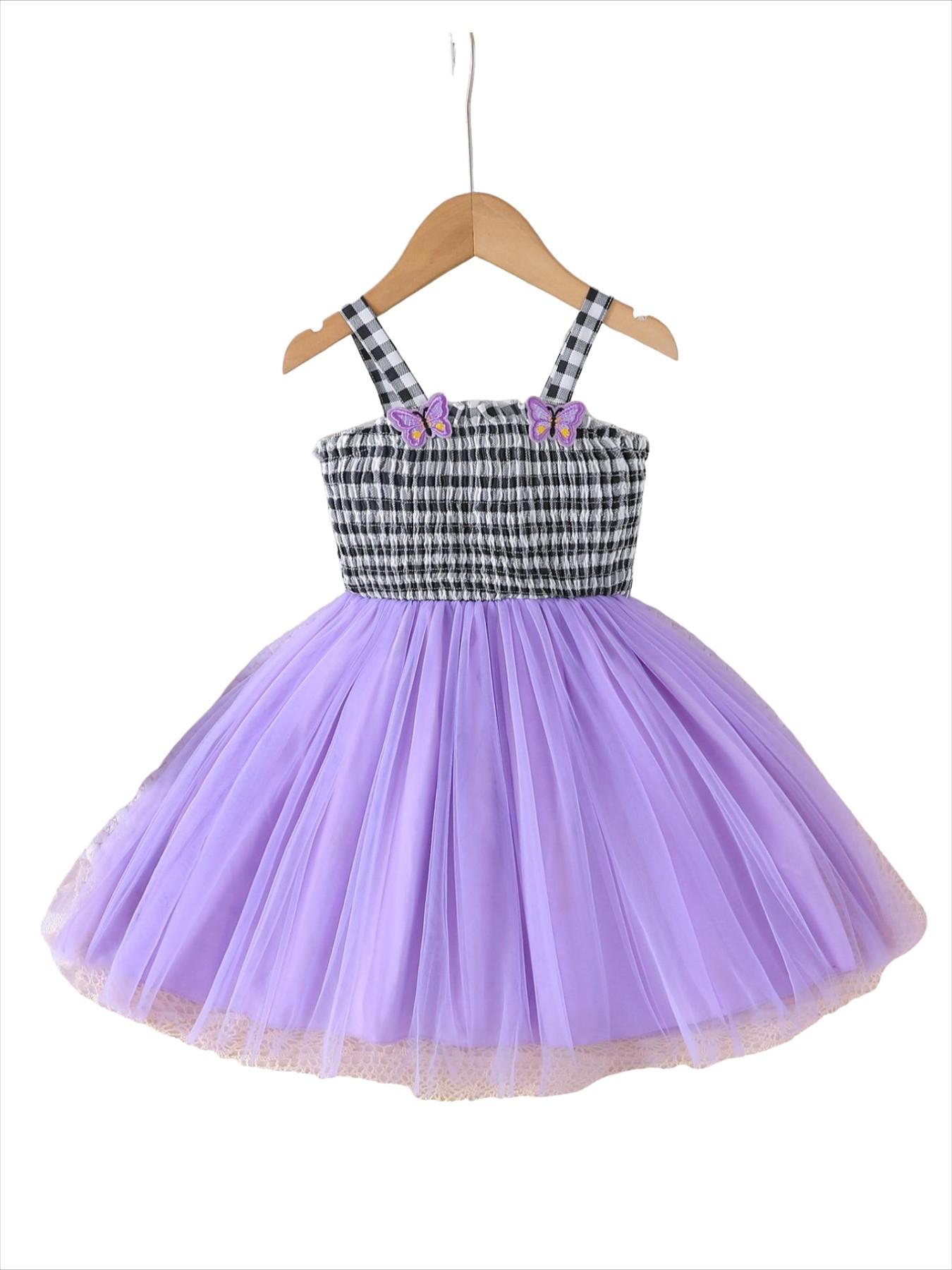 Little Girl Casual Summer Dress, Sleeveless Plaid Smocked Top & Purple Tulle Skirt with Butterfly Decor, Cute Style