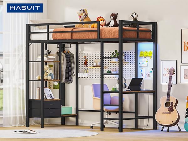 Hasuit Twin Size Loft Bed with Desk & Charging Station Metal Frame LED Lights 4 Storage Shelves 2 Fabric Drawers Safety Guard Clothes Rail Ladder for Students Assembly Required Hasuit Twin Size Loft Bed with Desk & Charging Station Metal Frame LED Lights 4 Storage Shelves 2 Fabric Drawers Safety Guard Clothes Rail Ladder for Students Assembly Required