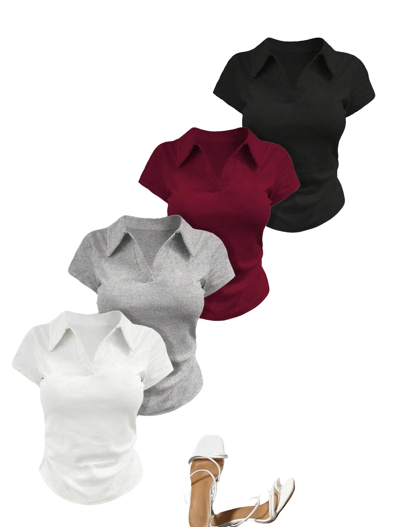 4-Piece Set, European Style Women's Casual Slim Fit Plain Polo Shirt Short Sleeve Top Shirts, Solid Color Versatile Design, Small V-Neck, Soft, Summer Wear