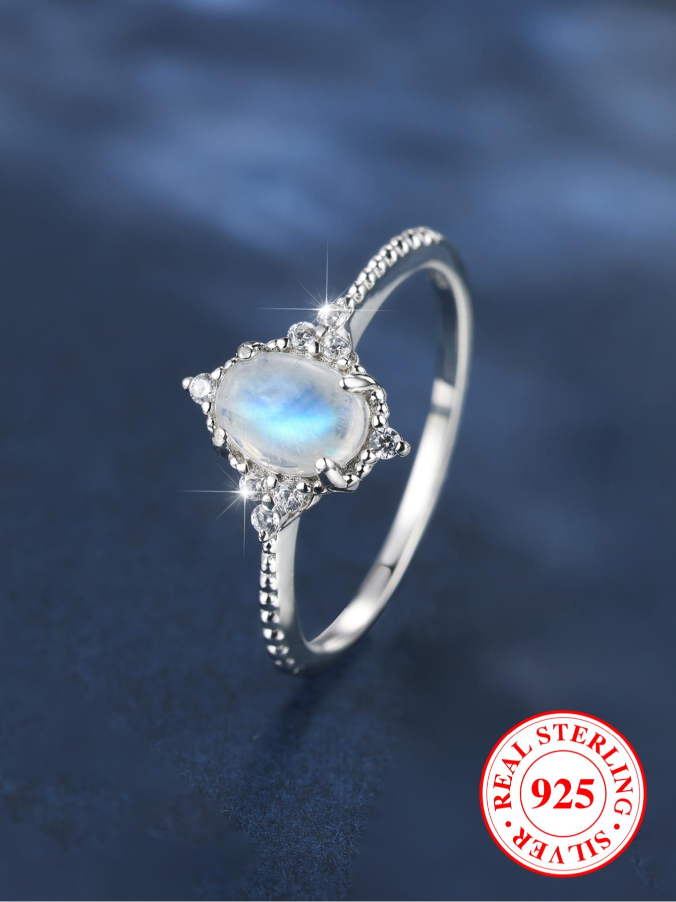 S925 Sterling Silver Moonstone Decorated Ring, Dainty Ring, Fashion Accessories for Women & Girls, Trendy All-match & Exquisite Jewelry for Birthday Gift