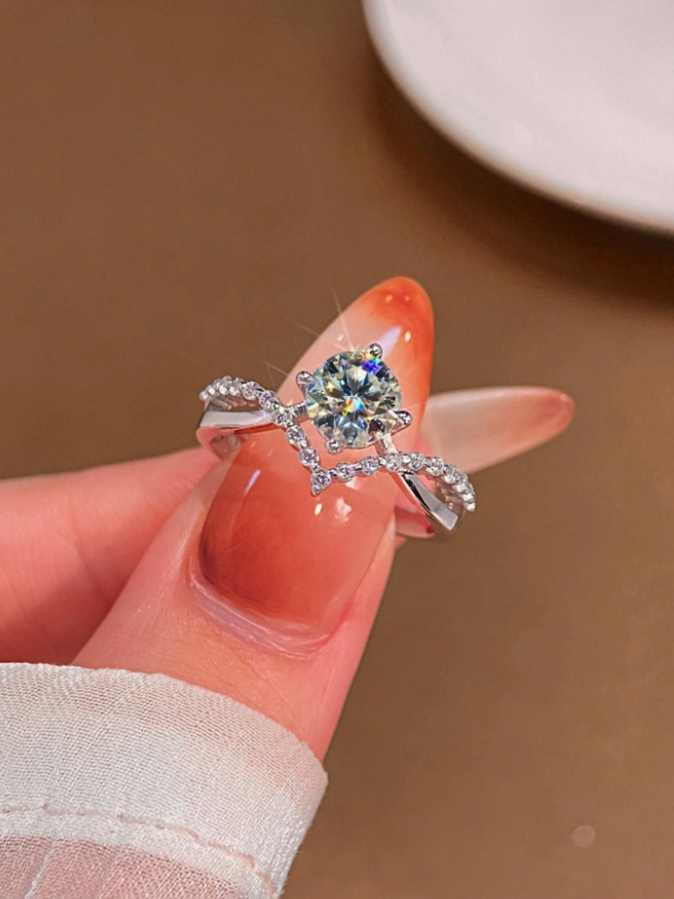 S925 Sterling Silver 1 Carat Synthetic Moissanite Ring, Luxury Wedding Engagement Ring for Women, Trendy All-match & Exquisite Jewelry for Birthday Gift