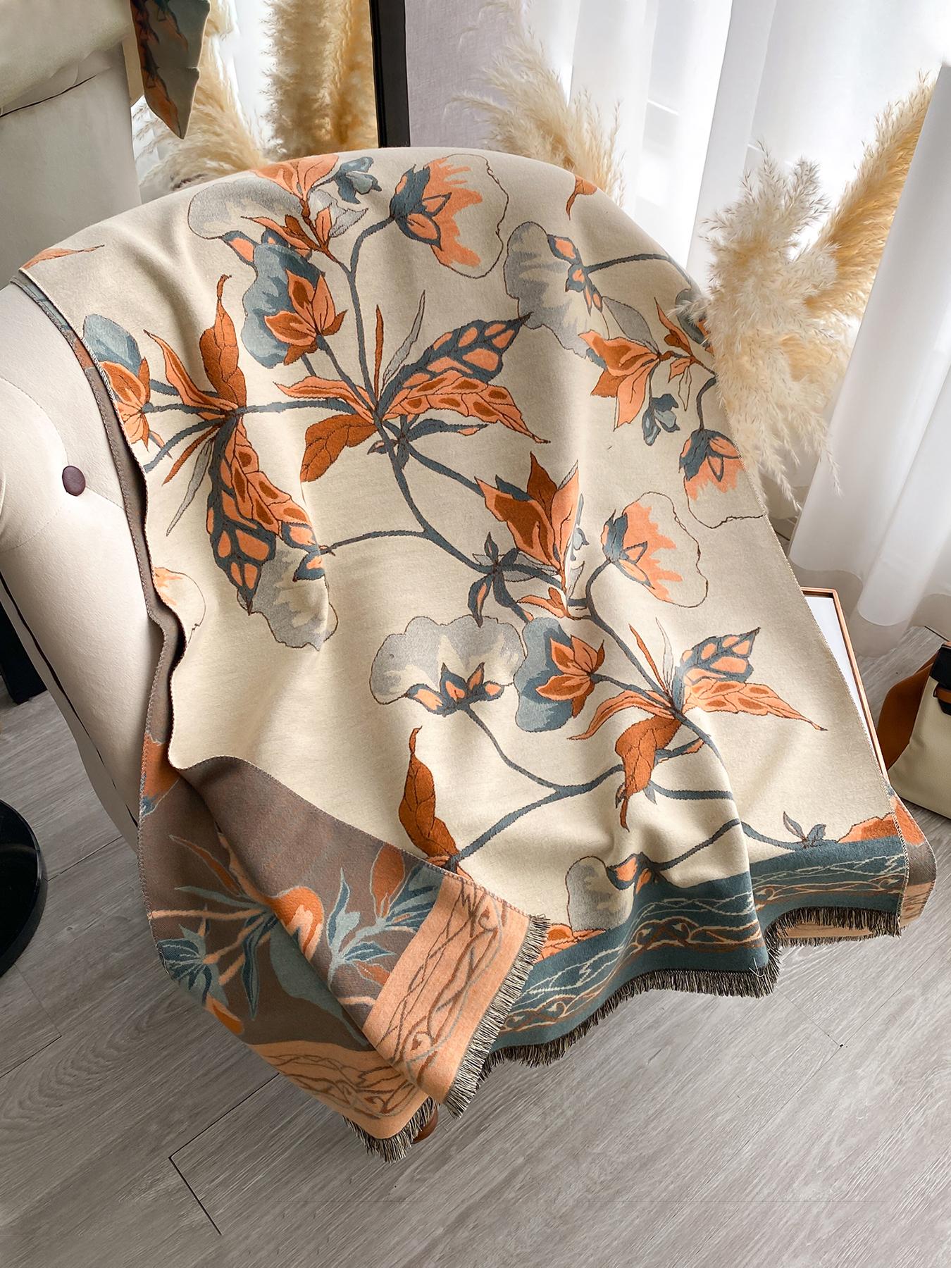 Elegant Floral Knit Scarf for Women, Boho Style Double-Sided Shawl, Fall & Winter Warm Daily Wear, Fitted Design