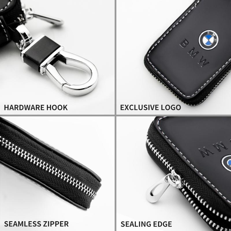Bmw Key Case High-End Leather Zip Design Multi-Functional Car Keychain Wallet Anti-Loss Key Storage Bag Interior Decoration