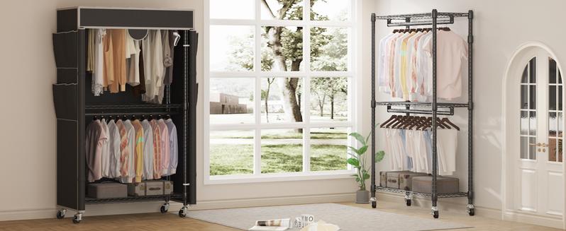 Heavy Duty Clothes Rack with Oxford Fabric Cover, Metal Garment Rack with 2 Hanging Rods, Closet Wardrobe with Wheels & Leveling Feet, Black/Gray Cover