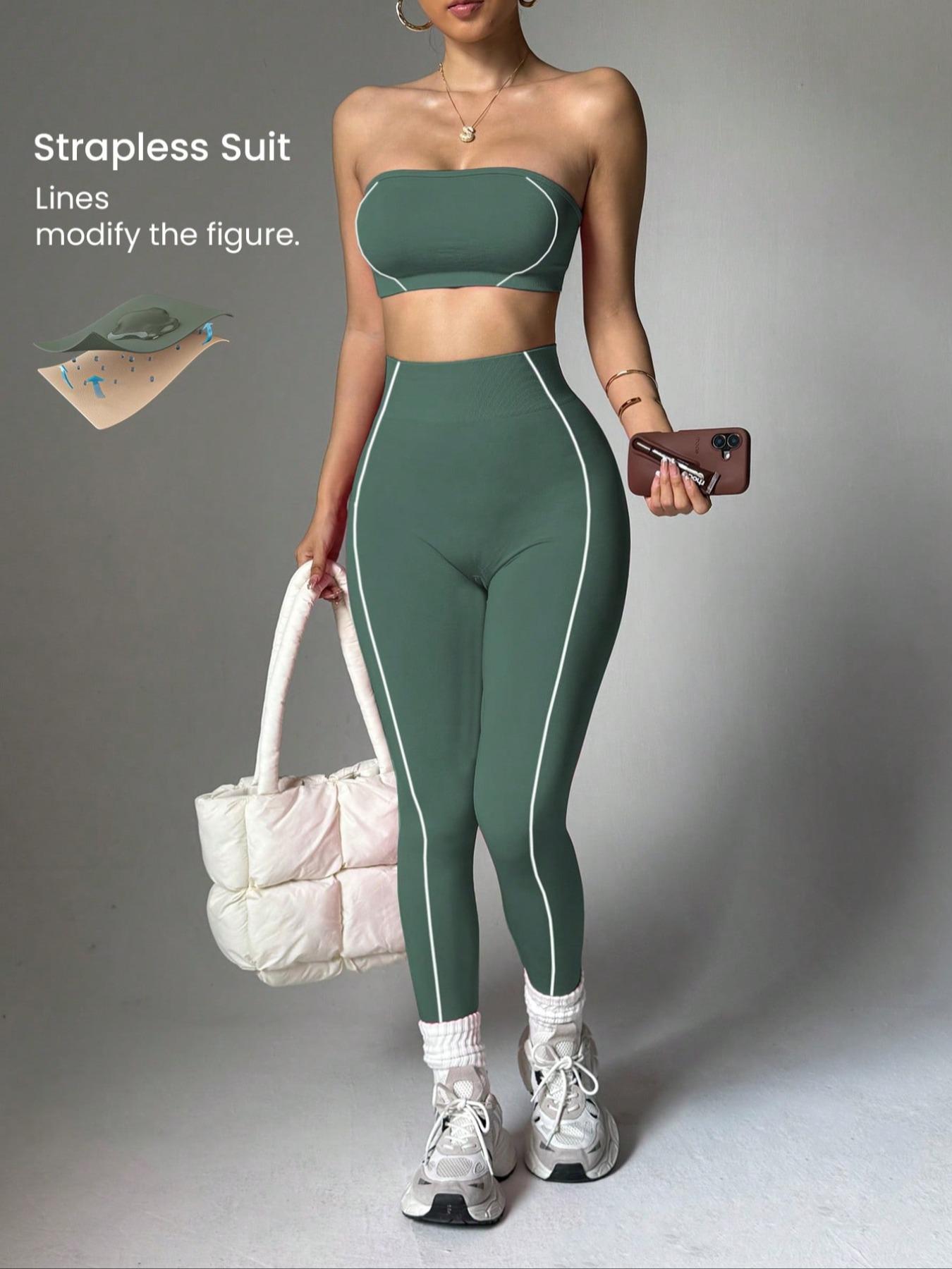 Women's Seamless Yoga Sportswear Set, Crop Top + Leggings, Anti-Slip Silicone Design, Breathable Comfort, Ideal for Gym, Running, Cycling,Crop Top + Tight Pants, Yoga Leggings, Breathable Activewear, Sports Fitness Wear