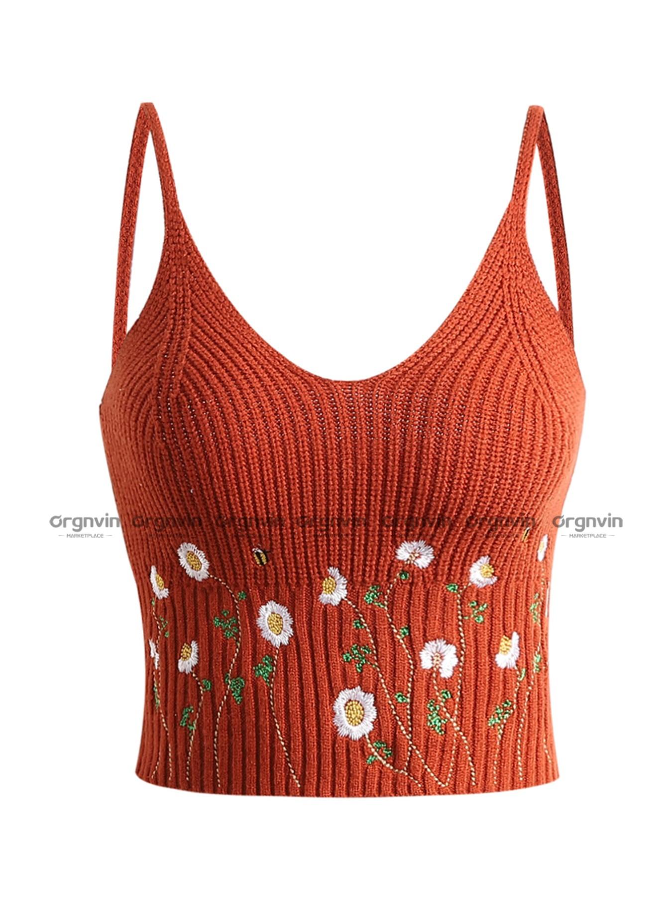 Women's Floral Embroidery Crop Sweater Vest, Boho Sleeveless Spaghetti Strap Knit Top for Daily Wear, Ladies Clothes for All Seasons, Floral Embroidery Cami