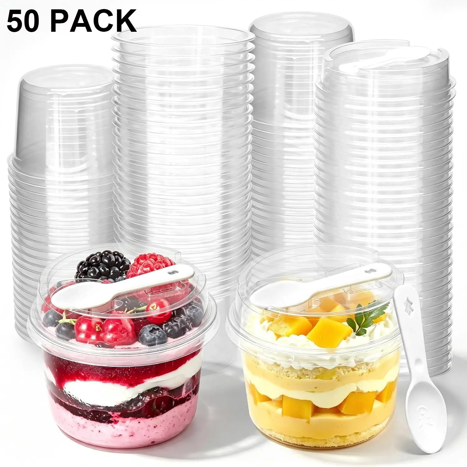50 Pack Clear Plastic Dessert Cups with Lids and Spoons, Disposable Transparent Cups, Food Grade Disposable Parfait Cups Stackable Dessert Bowls for Mousse Cake Pudding Yogurt, Wedding Birthday Party Catering Takeout Supplies