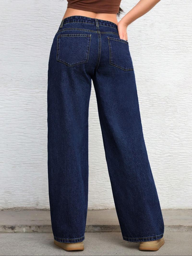 Women's Solid Color Denim Jeans Deep Blue Washed Mid-Waist Straight Leg Pocket Pants, Casual Fashion Daily Wear & Gift Idea