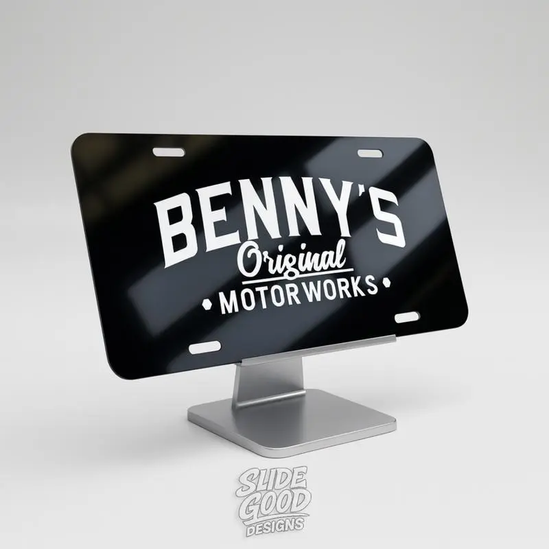 Benny's Original Motorworks Logo Metal License Plate - Custom Personalized Vehicle Car Plate, 12x6in Home Decor Plaque, Car Exterior Accessory, Custom License Plates