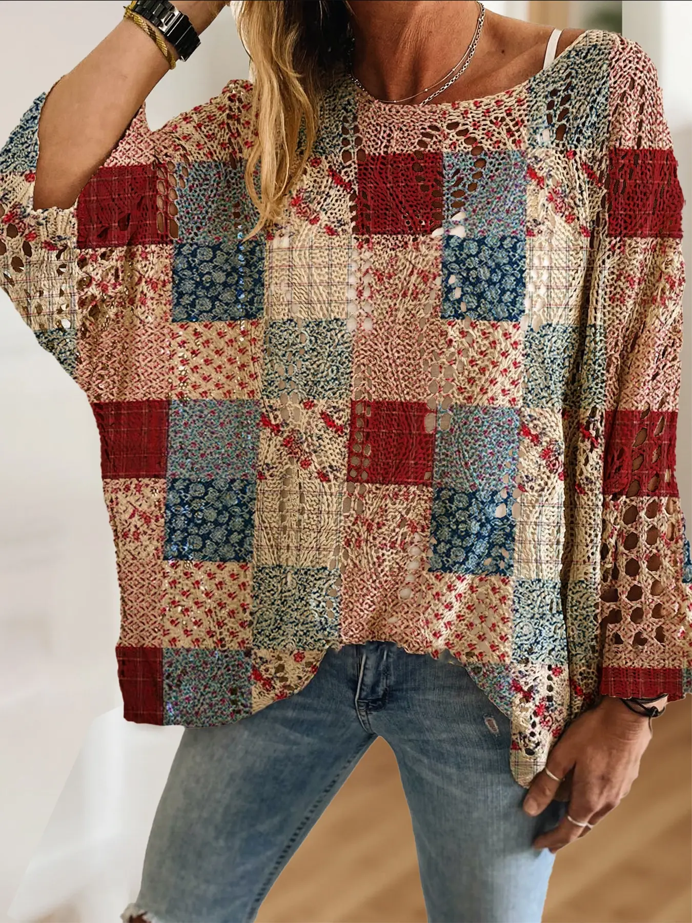 Elegant Geometric Patchwork Striped Floral Print Knit Top, Casual Elegant Vacation Style, Comfortable Breathable Women's Sweater