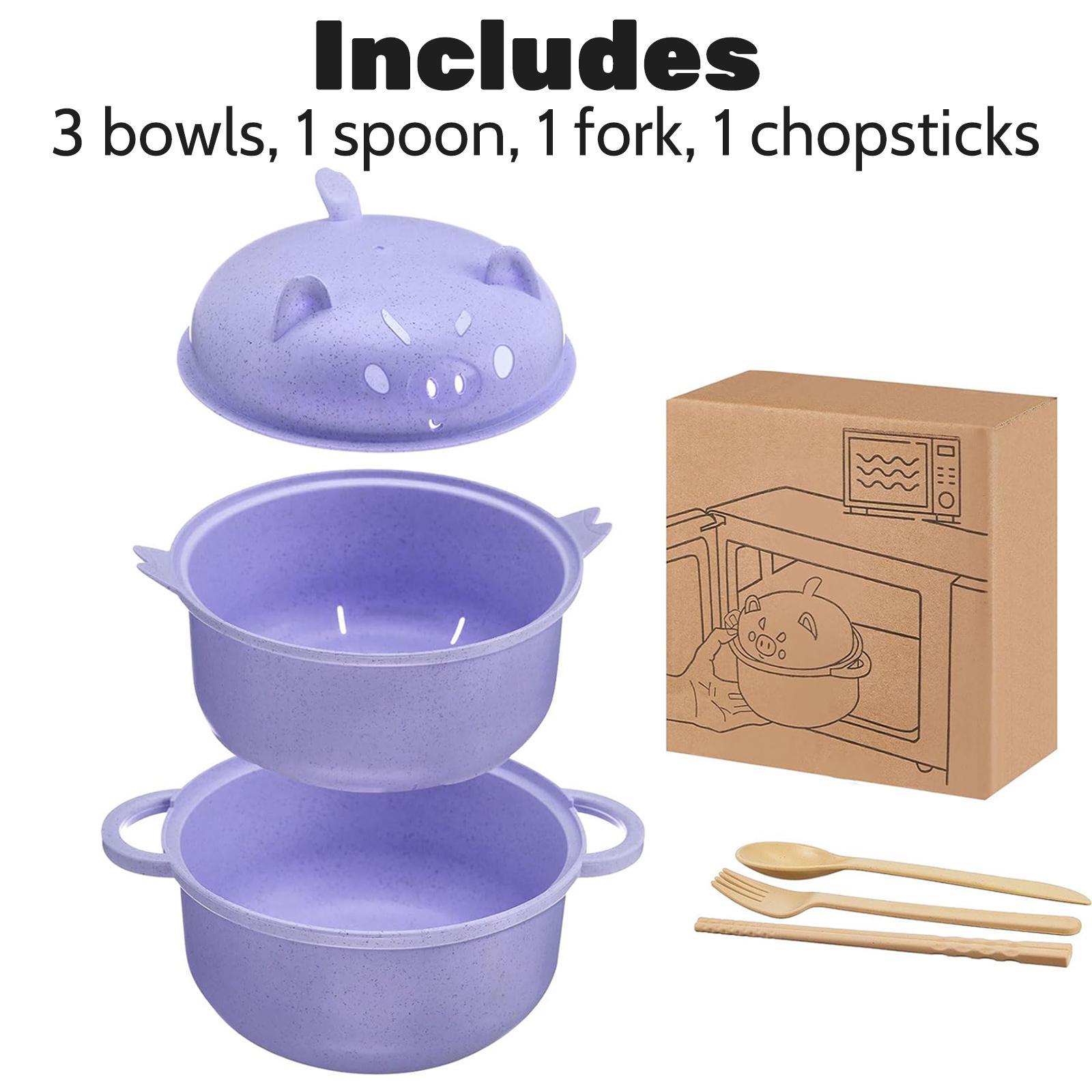 Nifogo Stylish Wheat Straw Cartoon Pig Ramen Noodle Bowl Set - 43oz(1300ml) Microwave-Safe Ramen Cooker with Strainer Lid, Handle, Spoon, Fork, Chopsticks, Stackable Bowls - Camp Kitchen Ware for Home,Camping Use