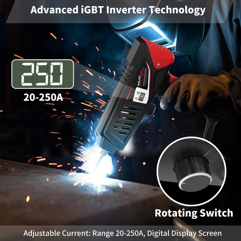 110V Portable Handheld Welder, 110V 20-250A Adjust Portable Welder with Rotary Switch & Digital Display Welding Gun, 1/16-1/8" ARC Stick Welder, Handheld Welder Portable Welding Machine