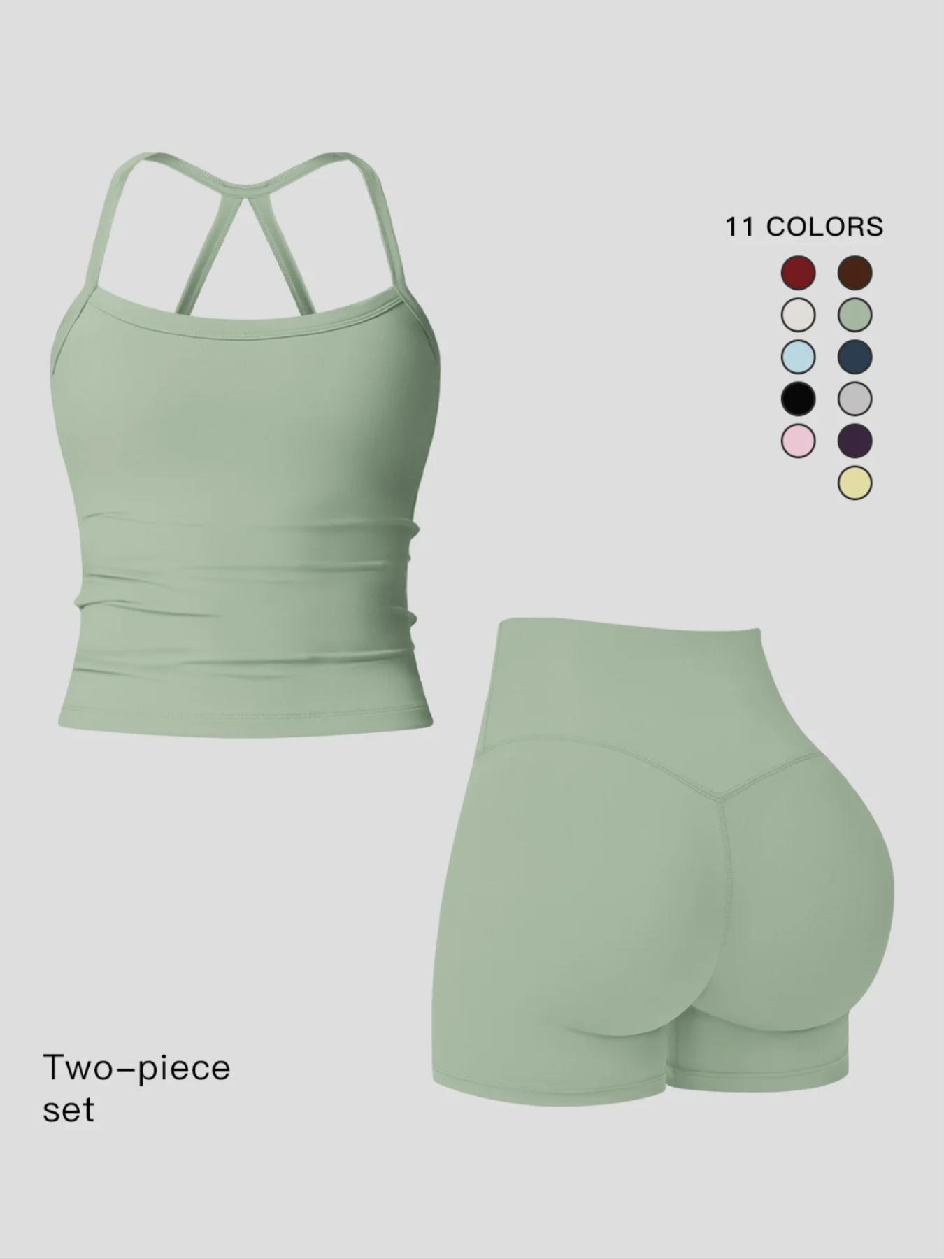 Women's Quick-Dry Two-piece Set, Active Sets, Sculpting Workout Outfit, Solid Backless Cami Top & High Waist Tummy Control Butt-Lifting Shorts, Ladies Sportswear for Indoor Outdoor Wear, Yoga Gym Running Wear, Activewear Yoga Fitness