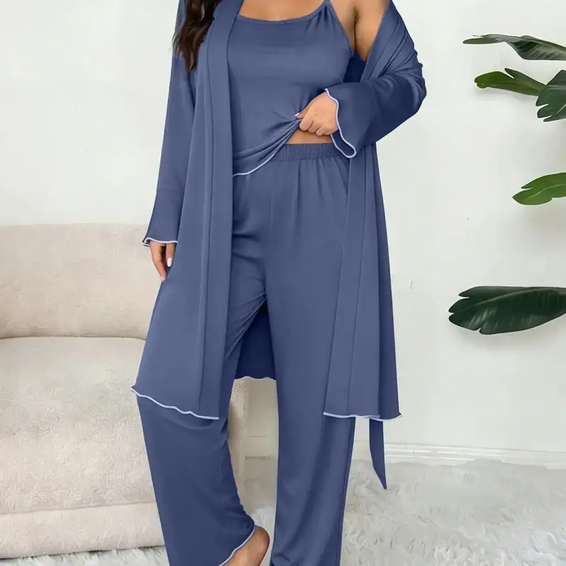Women's Plus Size Solid Color Lace Trim Cami Pants + Casual Elegant Chic Bell Sleeve Long Sleeve Belted Robe, 3 Piece Matching Sleepwear Loungewear Pajama Set Pjs Homewear Home Clothes Loungewear