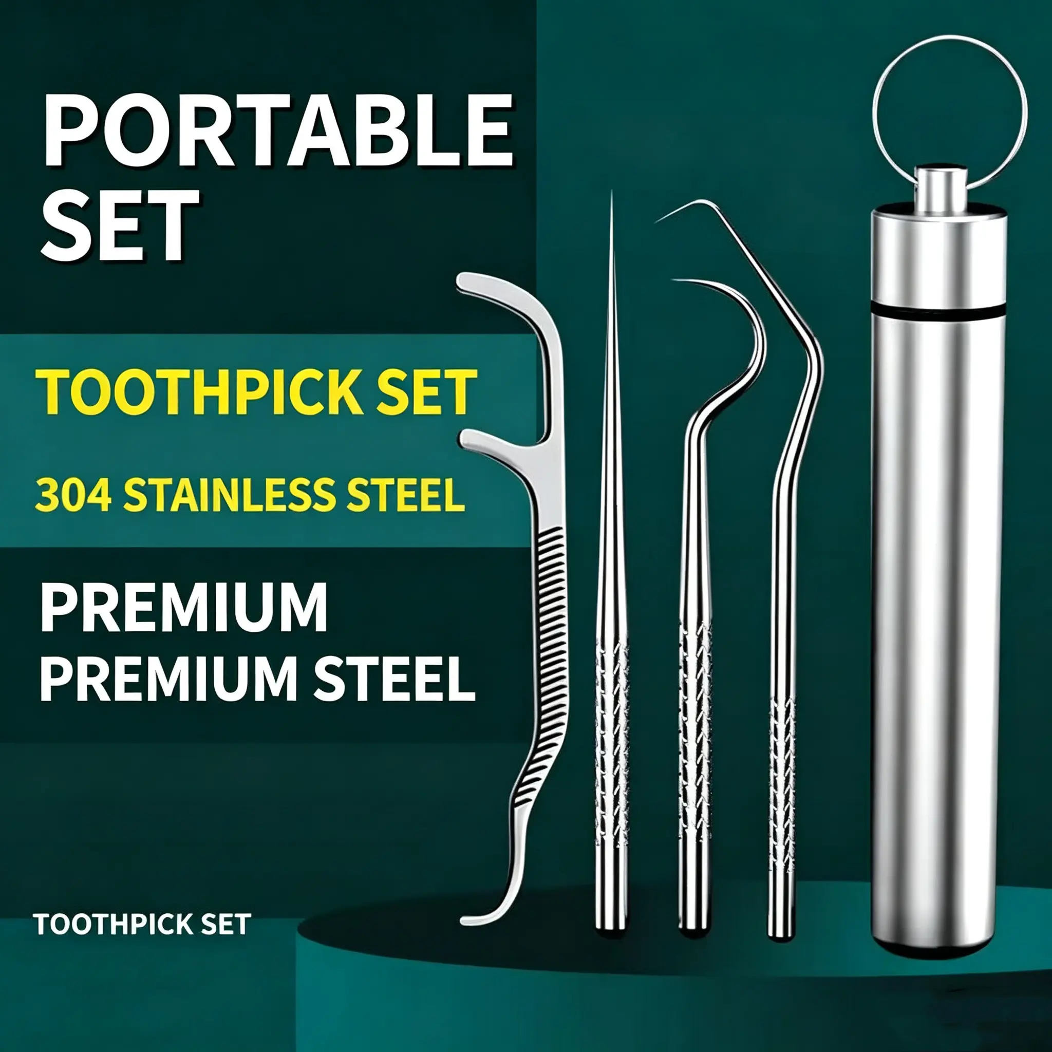 304 Stainless Steel Dental Pick Set, Portable Toothpick Tool for Kitchen Use, Oral Care Kit with Floss and Picks, Easy-To-Carry Design