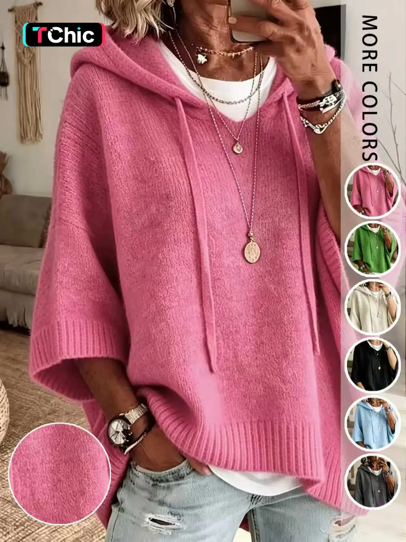 Women's Simple Hooded Knit Sweater, Loose V-Neck Half Sleeve Drawstring, Fall Winter Casual Pullover, Perfect for Daily Commute and Shopping