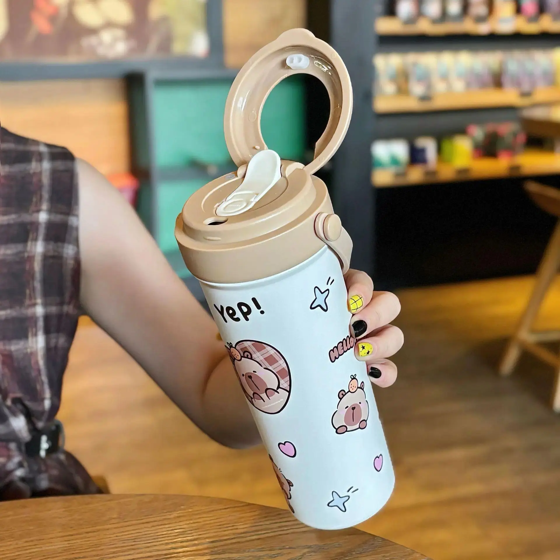 Cute Cartoon Capybara Insulated Water Bottle with Portable Handle, Leak - Proof Vacuum Flask for Outdoor, School & Office Use