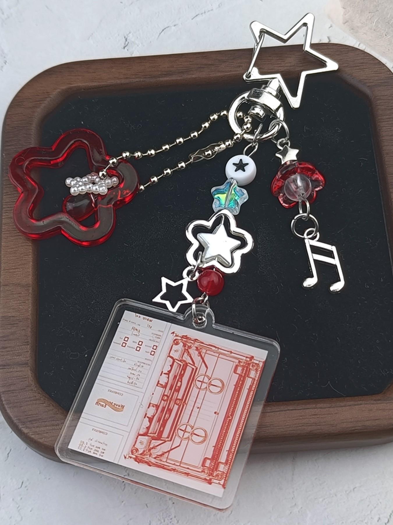 Multielement Star Keychain, Sweet Cool Y2K Style, Blue Dual Color Options, Transparent Star + Note Pendant + Album Card Holder, Unique Design