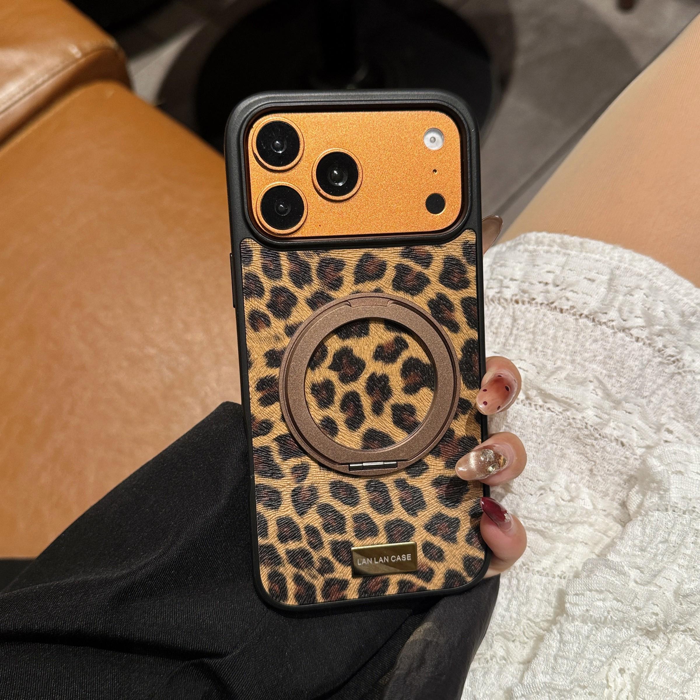 Women's Leopard Pattern 360 Rotating Magnetic Stand Apple Case, New Trendy iPhone Shell, Compatible with iPhone 17/16/15/14 Series