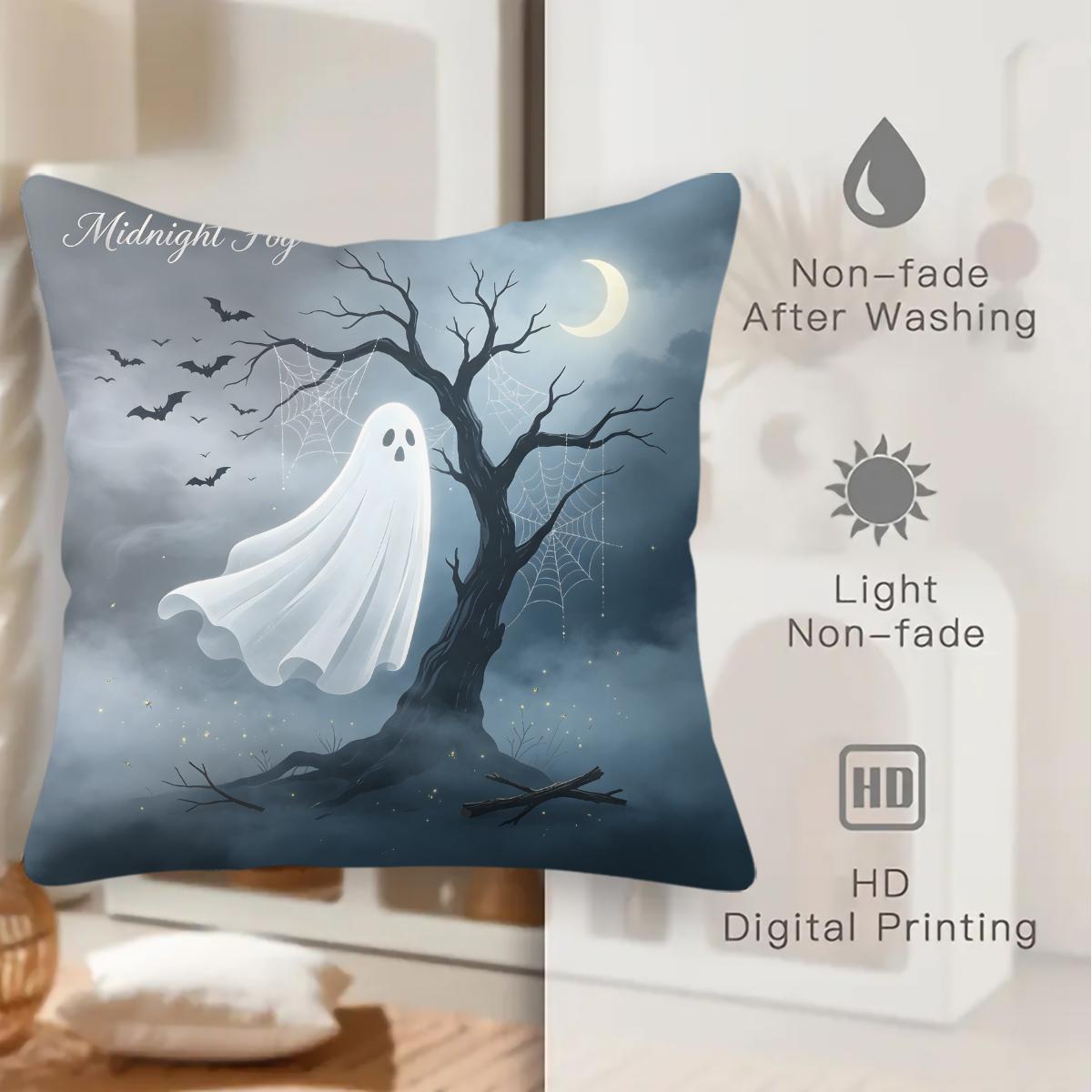 Spooky Halloween Ghost Throw Pillow, featuring bat, bare tree and crescent moon night print, soft durable decorative pillow perfect for sofa, couch, bedroom, living room halloween party decor, comes with pillow insert