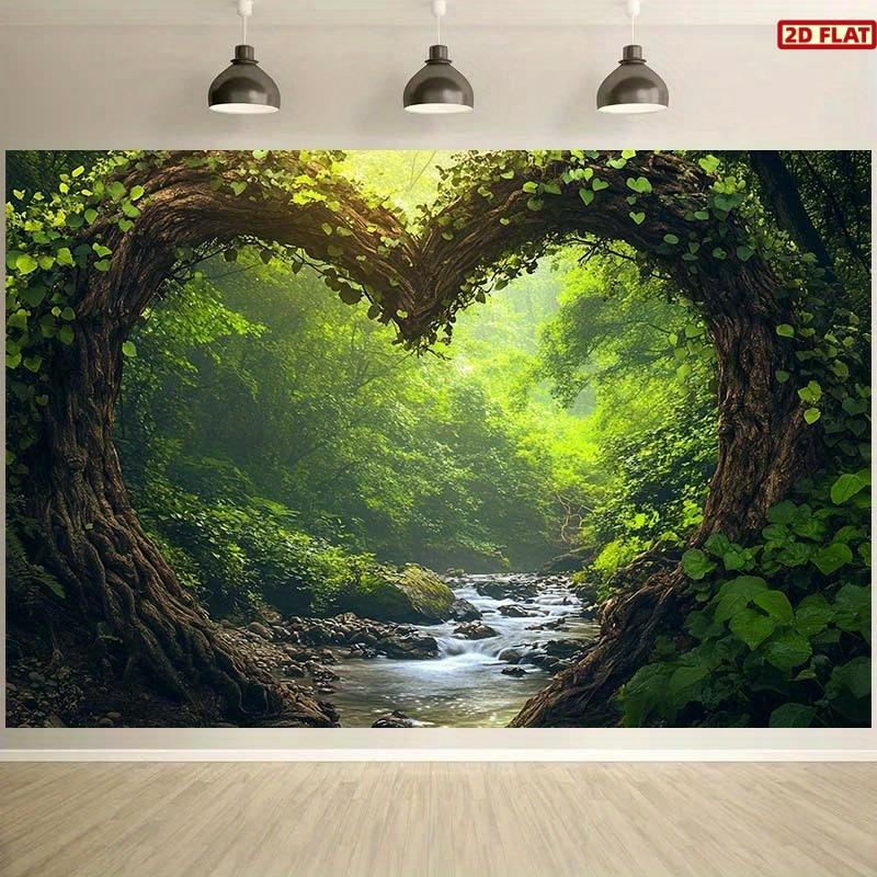2D Flat Banner, 1pc heart-shaped tree frame Backdrop with serene stream & lush greenery - durable Polyester Wedding & Party background Banner for romantic events, birthdays, photo shoots - no electricity needed Wall Decor Banner
