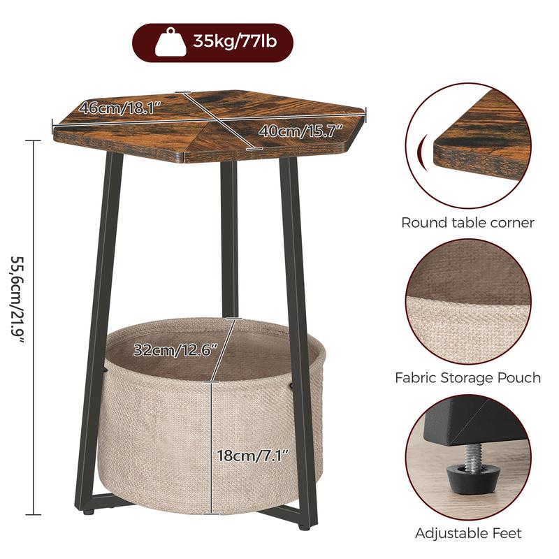 MAHANCRIS Hexagonal End Table, Small Side Table with Fabric Basket, Modern Nightstand, Bedside Table, Coffee Tables for Living Room, Bedroom, Rustic Brown