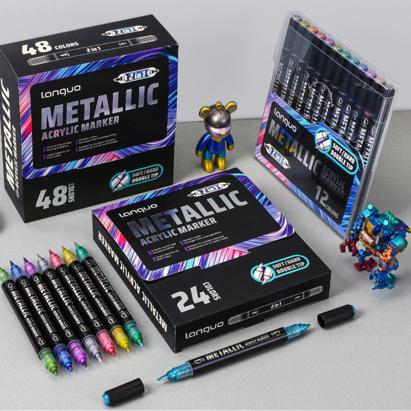 Acrylic Paint Metallic Markers, Automatic ink control Dual Tip (Brush & Fine)for Black Paper & Rock Painting Metallic Acrylic Paint Markers for DIY Crafts, Scrapbooking, Glass, Wood, Drawing Markers