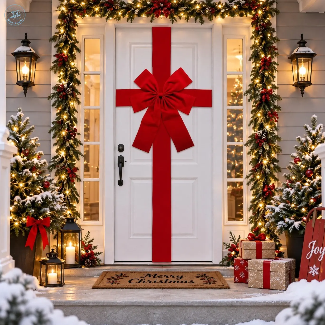 Giant Velvet Christmas Door Bow, Large Red Decorative Bow with 4.2M Long Ribbon Streamer, 40×50CM Oversized Xmas Front Door Ornament, Reusable Holiday Home Porch Decor