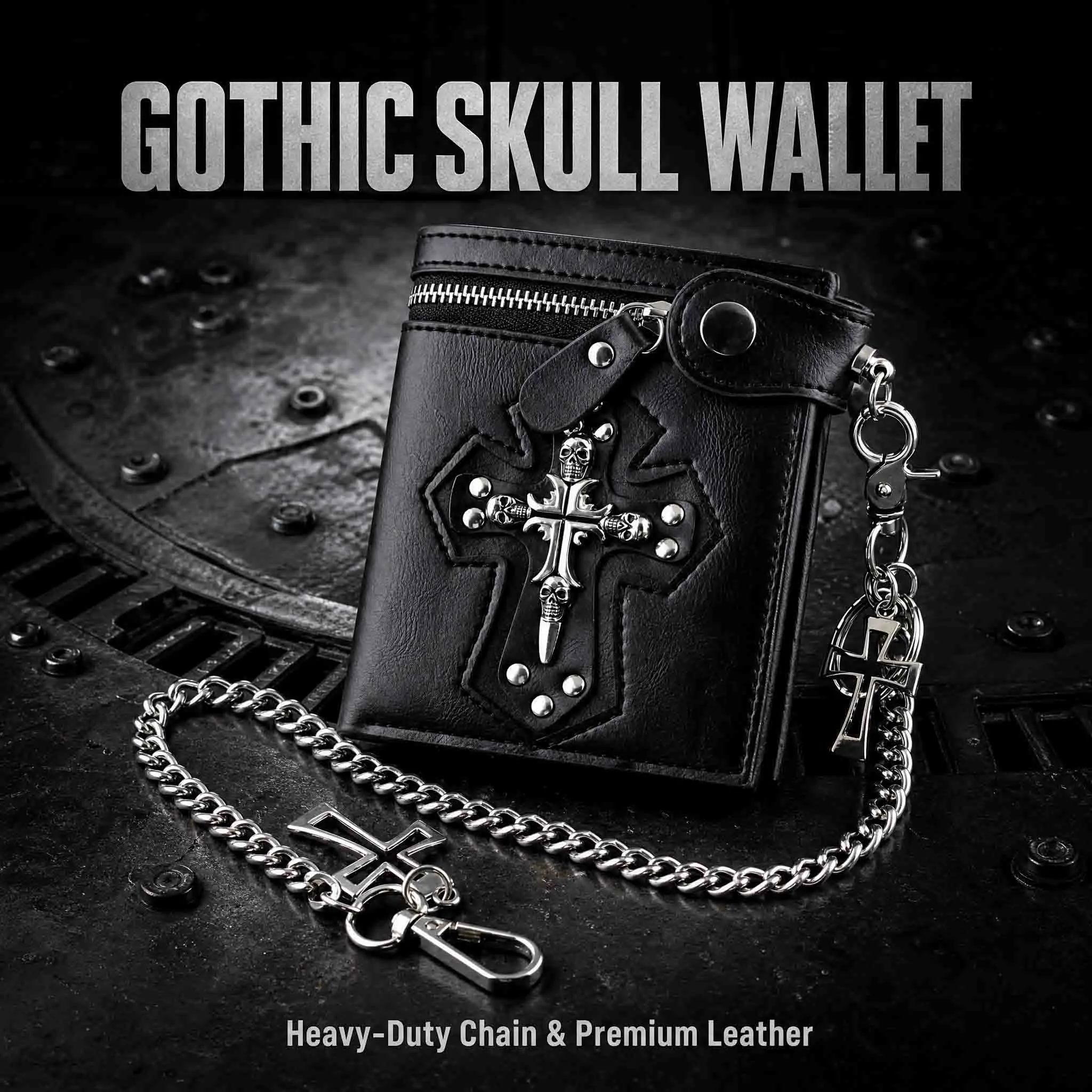 Men's Gothic Skull Cross Black Faux Leather Bifold Wallet - Anti-Lost Metal Chain, Punk Street Style, Decorated Leather Antique Style, for Biker, Party, Men's Accessories, Bifold/Trifold Wallet Option