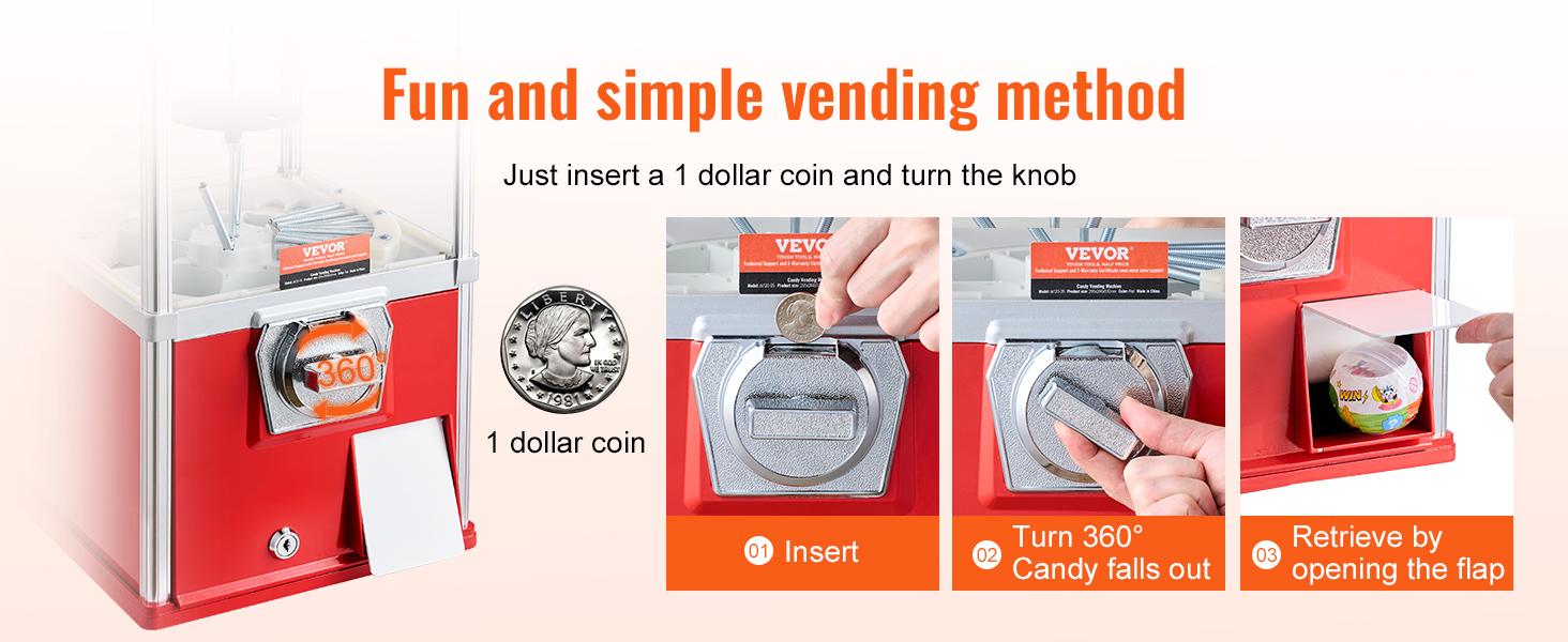 VEVOR Gumball Machine for Kids, 21 Height Home Vending Machine, PS Bouncy Balls Dispenser, Hold 180 Capsule Toys, Rectangle Bubble Gum Machine for Game Stores, Coin Operated Gumball Bank, Red