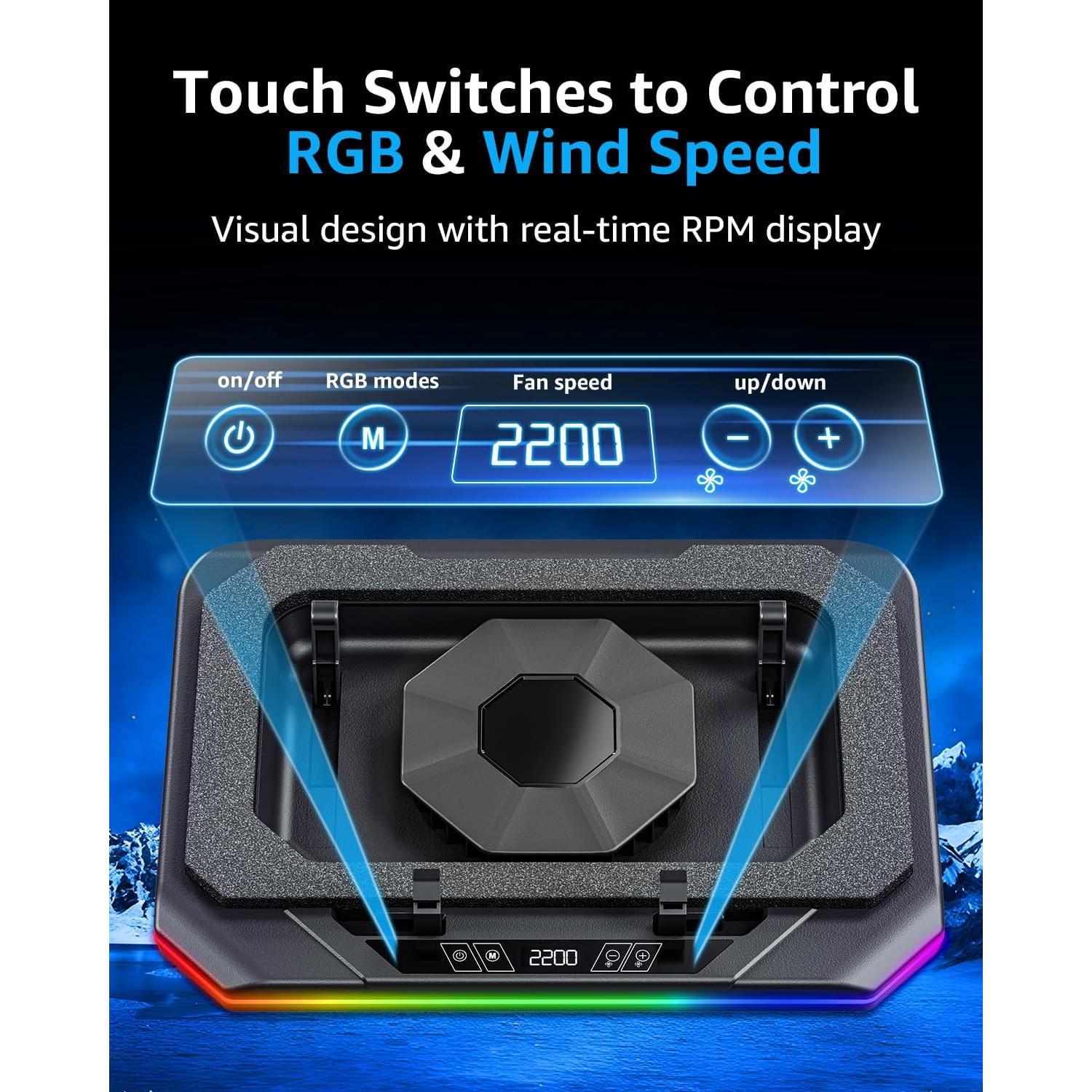 RGB Laptop Cooling Pad for 13-19", Max 3500RPM Gaming Laptop Cooler, Laptop Fan Cooling Pad   to Control Speed,  4.72 Inch Turbo Fan