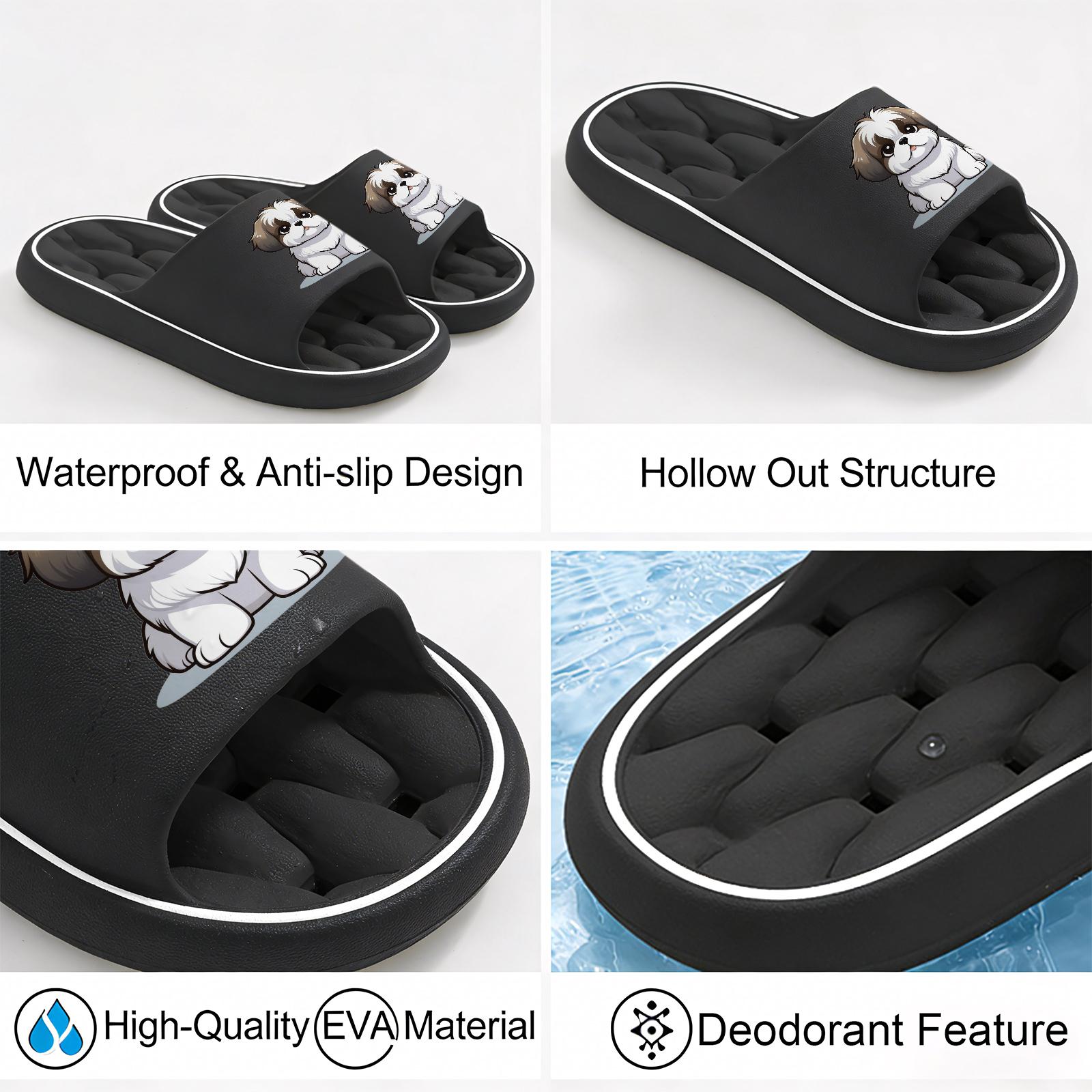 Cute Shih Tzu Print Quick-Dry Hollow Out Slide Slippers, Non-Slip Bathroom Shower Shoes, Soft Cushioned Home Sandals for Dog Lovers