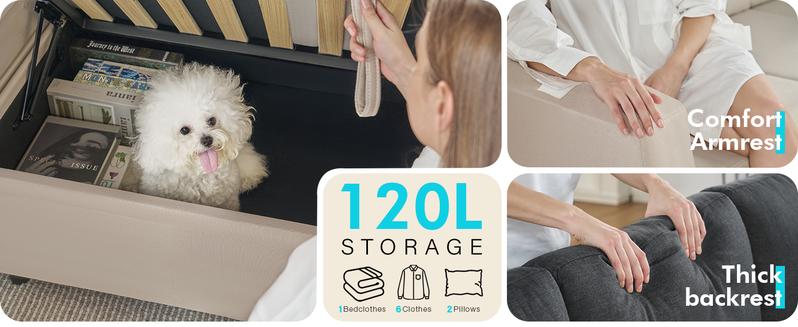 [Ships in 2 Boxes]VanAcc Modern Linen Sofa Bed with 3 Throw Pillows, 85 Inch Upholstered Sleeper Sofa with Pull Out Sofa Bed, L Shaped Sofa Couch with Storage Seat, Sectional Couches for Living Room, Apartment