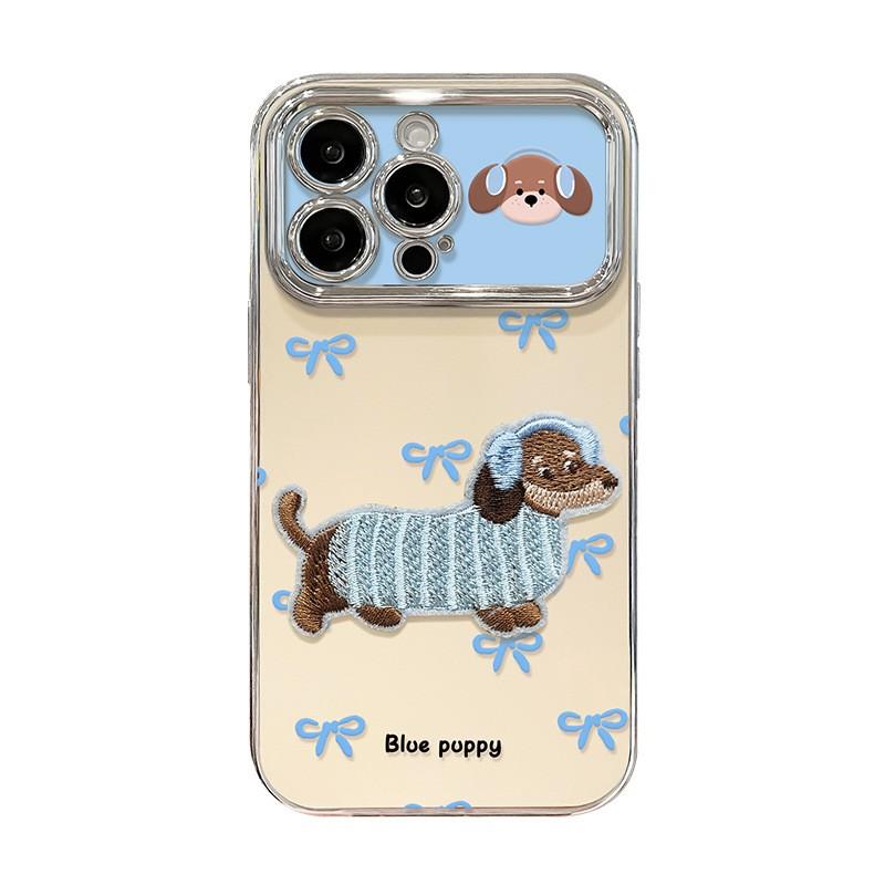 Cute Embroidered Dachshund Phone Case for iPhone 17 Pro Max/17 Pro/17 Air/17, Electroplated Silicone Shockproof Cover with Bling Wrist Strap, Blue Puppy Bowknot Design Protective Case for Women Girls