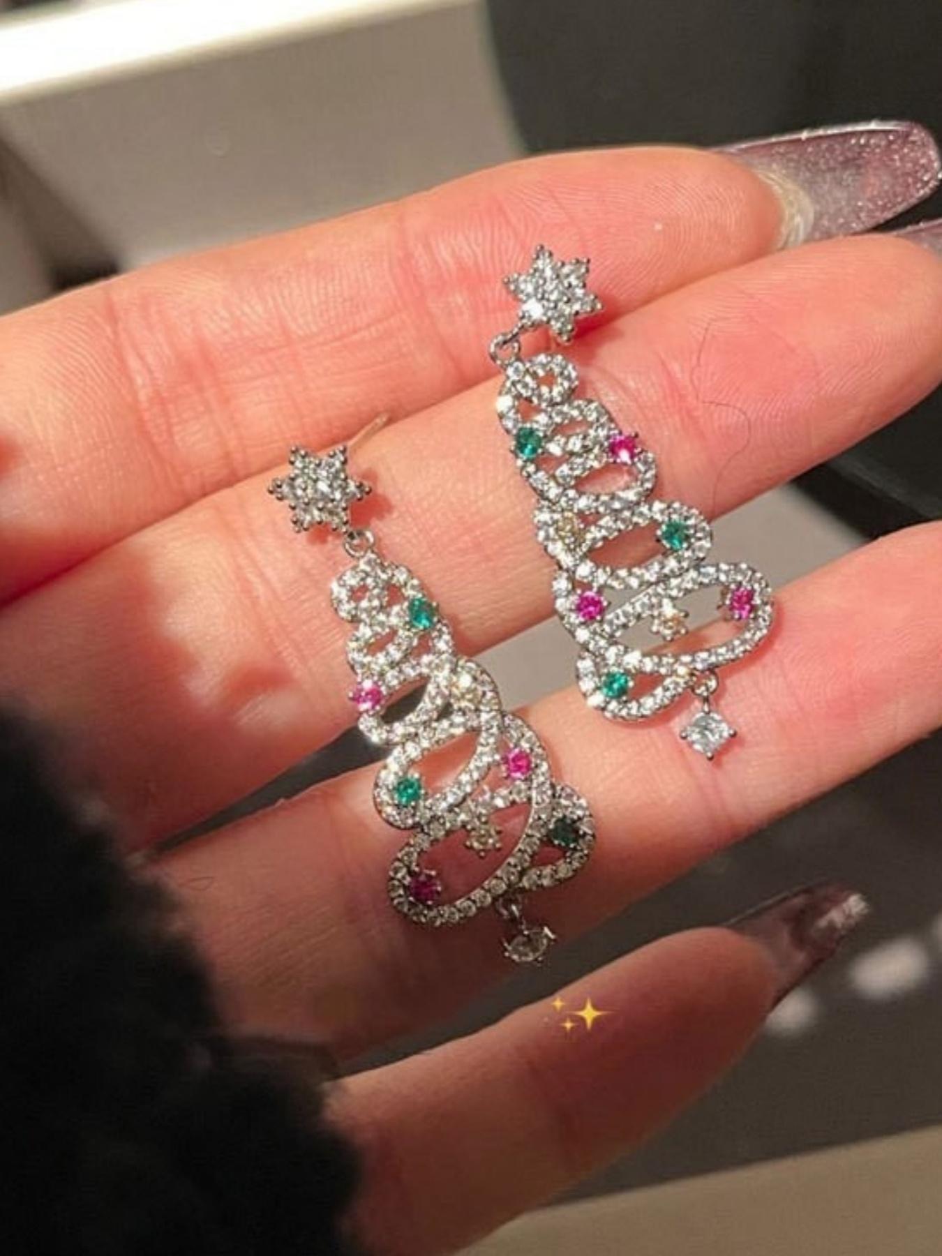 Women's Colorful Zirconia Christmas Tree Dangle Earrings, Festive Jewelry Accessories for Women Celebrating Holiday Season