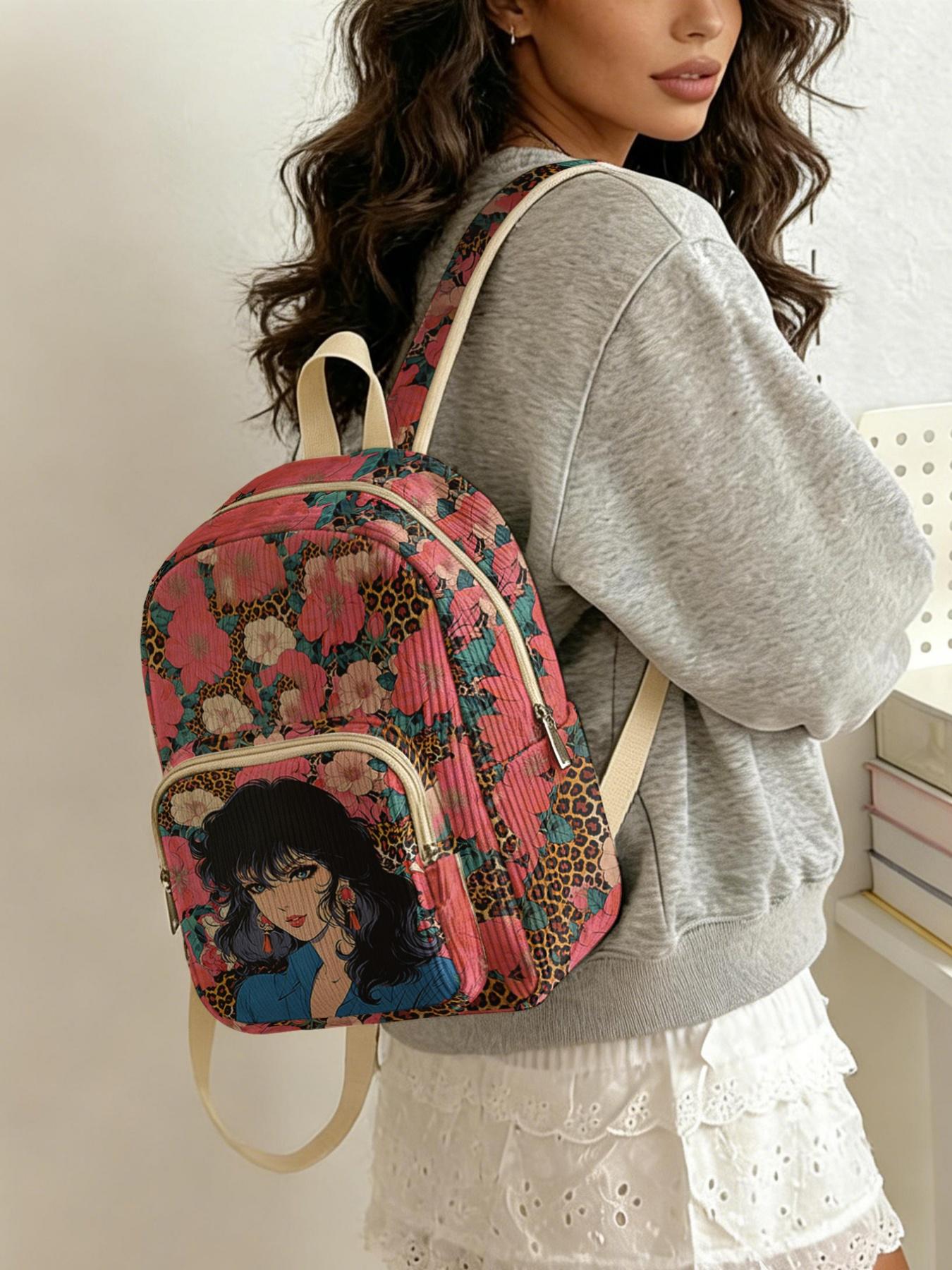1 piece of woman in the flower bed pattern 2D printed lady's backpack, corduroy texture + layered storage + light weight reduction | perfect for students going to class/shopping/short trips | combining atmosphere and practicality Lightweight Backpack