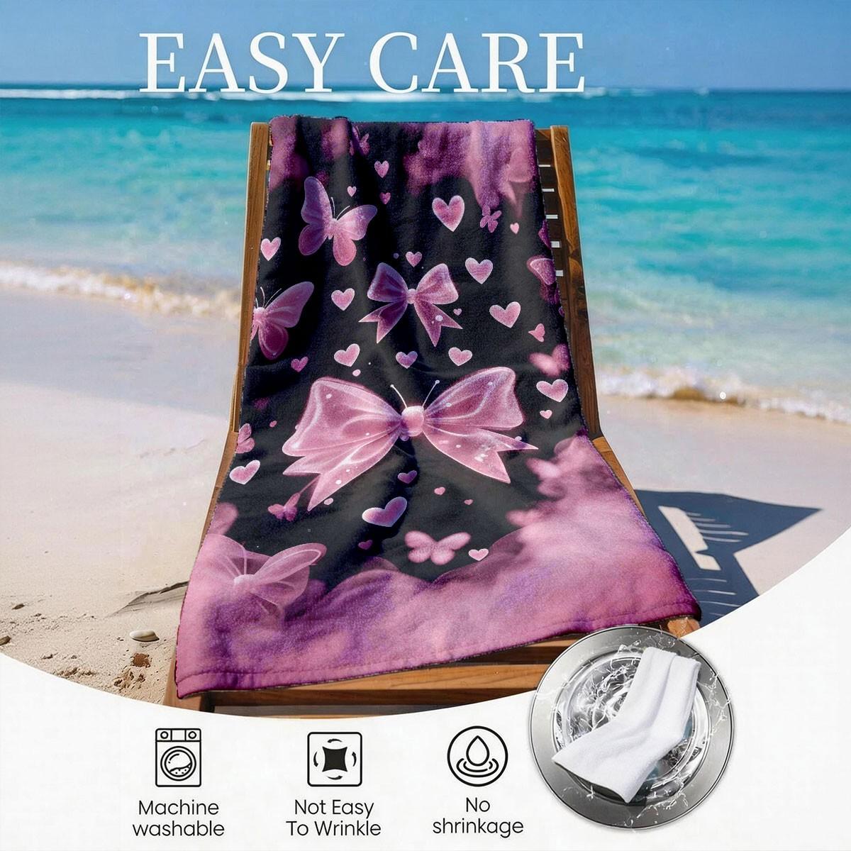 A Black Pink Gradient Bow Butterfly Heart All-over Printed Beach Towel - Oversized, Skin-friendly, Absorbent and Quick-drying, Perfect for Beach and Pool Leisure, Ideal for Summer Trips - Suitable for Seaside Vacations, Pool Parties and Outdoor Picnics