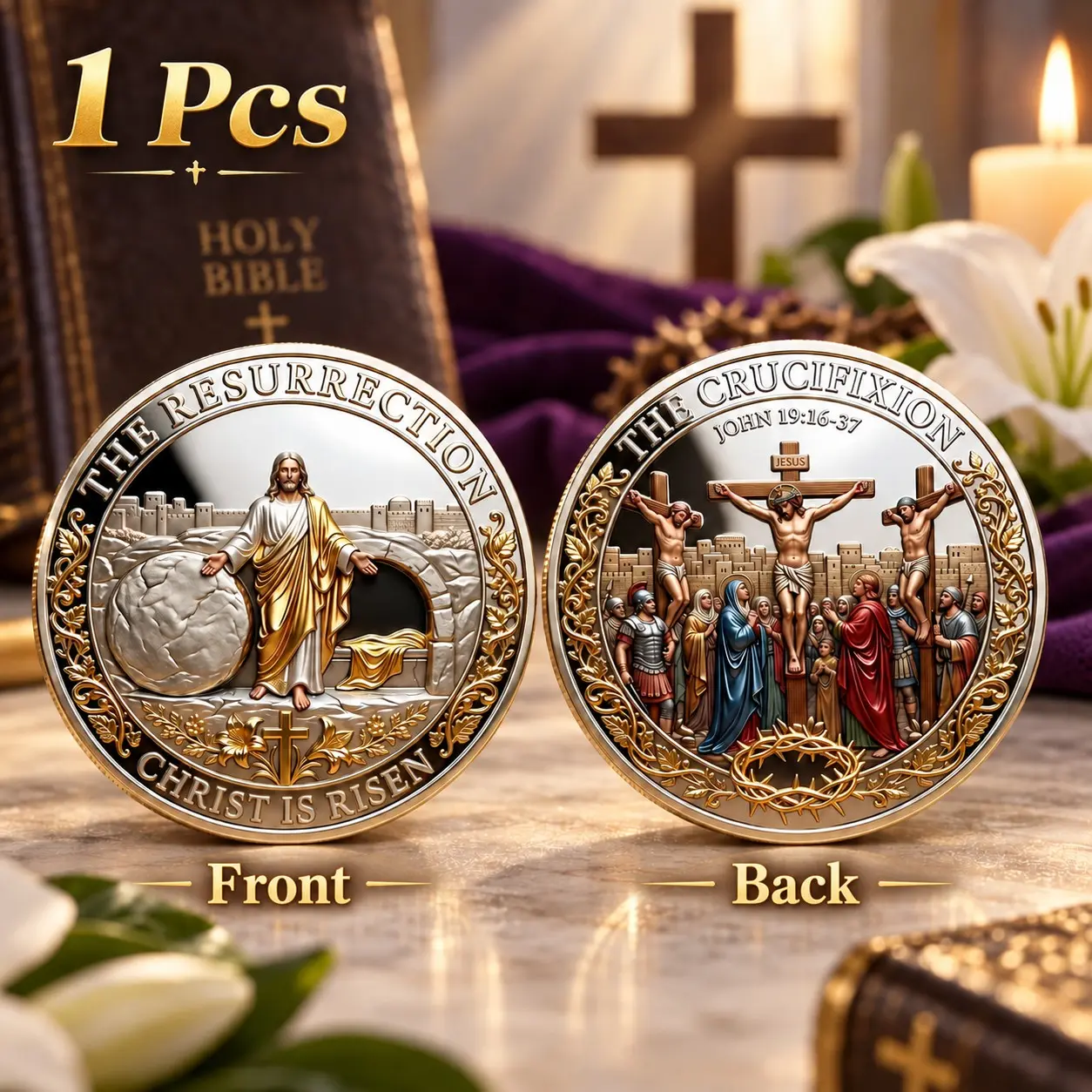 1 Count Cross Design and Resurrection Memorial Coin, Medal Alloy Relief Decorative Keepsake Gift, Religious Ornament for Easter Holiday, Church Decoration, Family Gathering Commemorative Collectibles, Cross Decorations, He Has Risen Decor