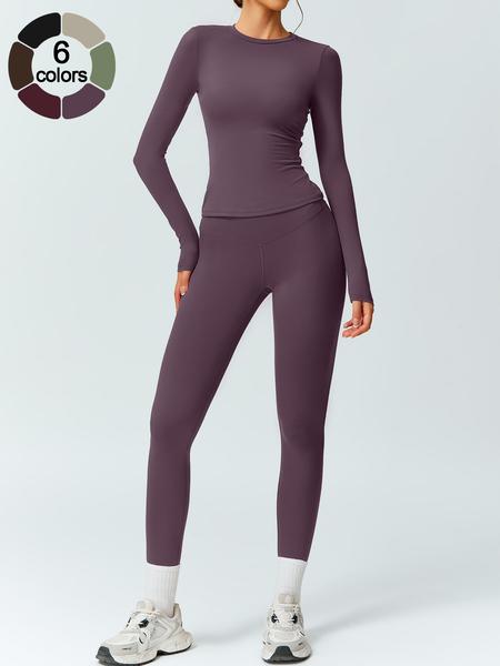 Women's Solid Color Long Sleeve Tee & High Waist Leggings Tracksuit Set, Athletic Activewear Tracksuits, Sporty Comfy Breathable Outfits for Gym Workout Running, Ladies Fall & Winter Sportswear