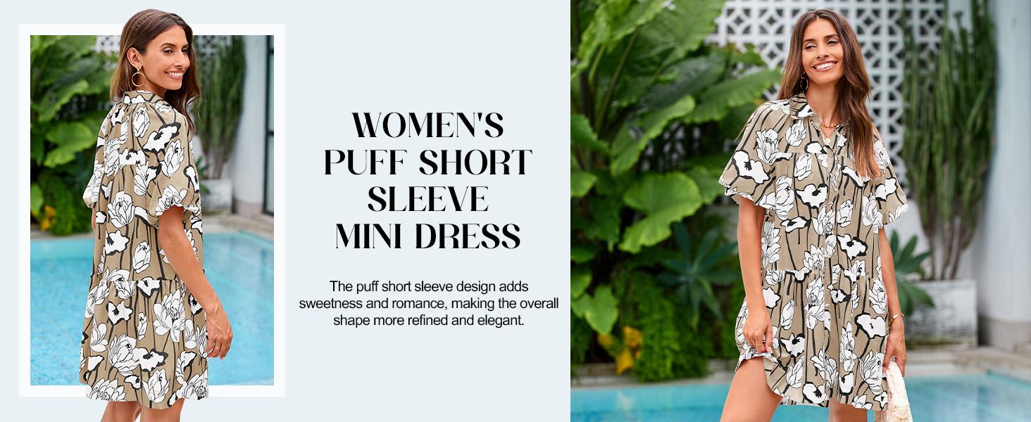 Wenrine Women's Summer Button Down Shirt Dress Floral Puff Short Sleeve Casual Loose Fit Beach Mini Dresses